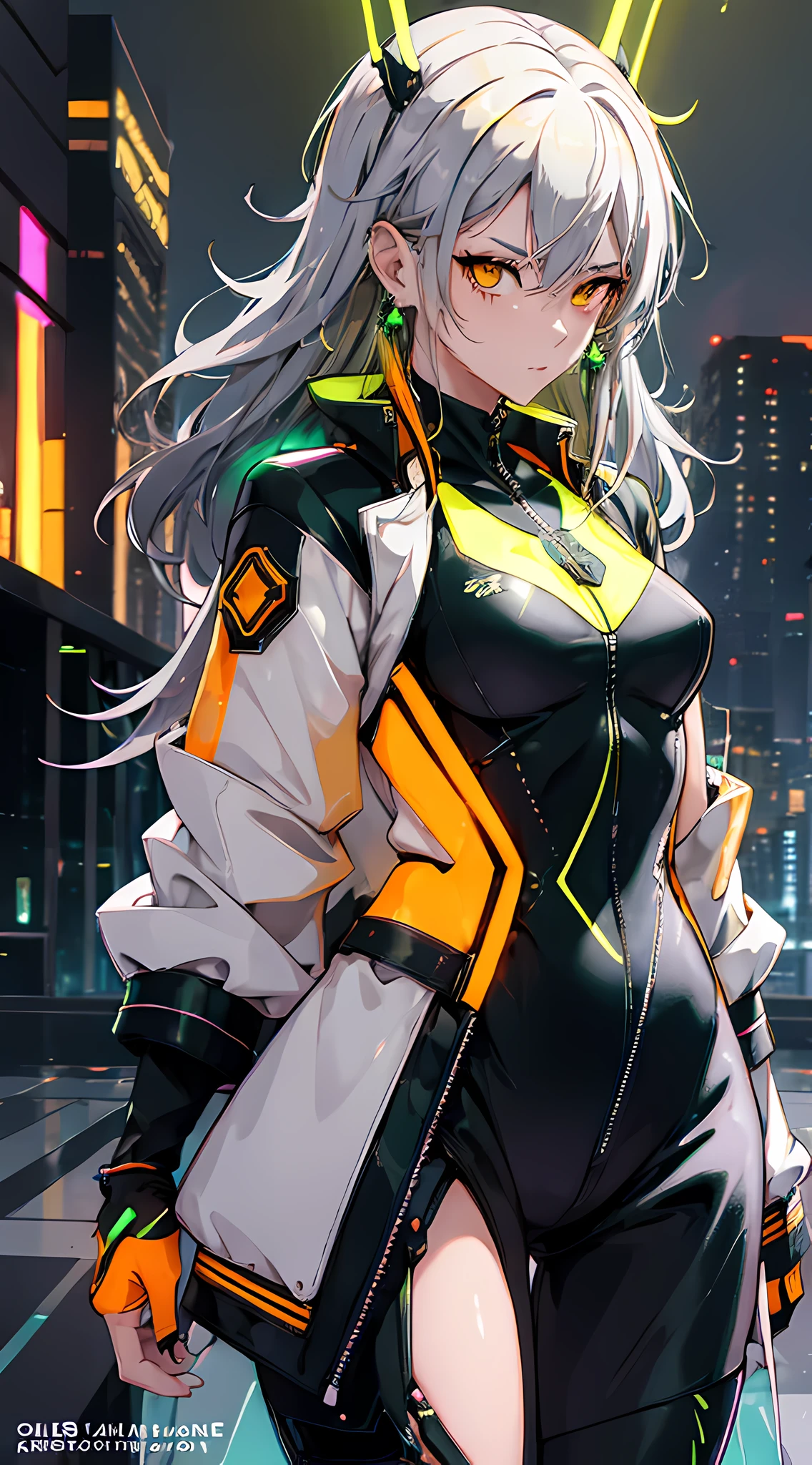 ((cowboy shot, silver hair:1.9)), masterpiece, best quality, night, (asian shopping district, street, buildings, skyscraper:1.4), 8k, absurdres, beautiful girl, (wearable computer:1.4), cyberpunk, cyber goth, (cyberpunkoutfit, fluorescence green accent, glowing green lines on short jacket:1.7), neon, bracelets and choker, (glowing, glow, film grain, chromatic aberration:2), (yellowish orange earrings:1.3), orange eyes, thighs, sharp focus, dark background, perspective, depth of field, (very small mechanical device, rain, HDR, sharp focus, dynamic lighting, cinematic lighting, professional shadow, extreme detailed, finely detail, real skin:0.8), (detailed eyes, sharp pupils, realistic pupils, dark back ground:0.5), (glitch effect:0.2)