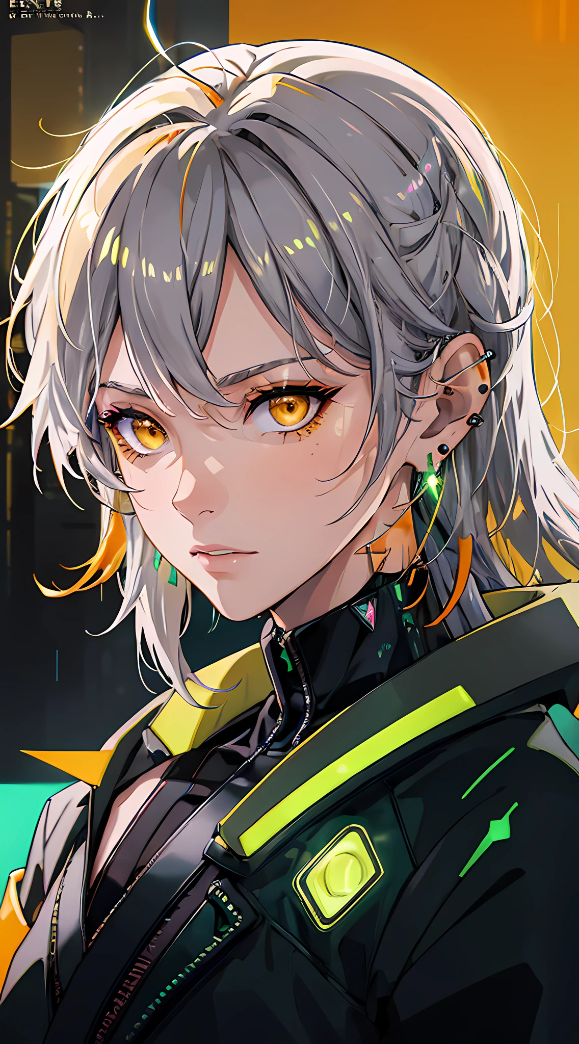 (masterpiece, best quality, night:1.4), (cowboy shot, silver hair:1.9), 8k, absurdres, beautiful girl, (wearable computer:1.4), cyberpunk, cyber goth, (cyberpunkoutfit, fluorescence green accent, glowing green lines on short jacket:1.6), neon, bracelets and choker, (glowing, glow, film grain, chromatic aberration:2), (asian shopping district, street, buildings, skyscraper:1.2), makeup, (yellowish orange earrings:1.3), dark yellowish orange eyes, sharp focus, dark background, perspective, depth of field, (very small mechanical device, rain, HDR, facelight, sharp focus, dynamic lighting, cinematic lighting, professional shadow, extreme detailed, finely detail, real skin:0.8), (detailed eyes, sharp pupils, realistic pupils, dark back ground:0.6), (glitch effect:0.6)