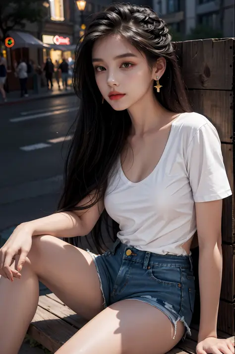 Best quality, masterpiece, super high resolution, (realistic: 1.4), original photo, (evening street), 1 girl, black eyes, looking at the audience, long hair, light makeup, lips, small ears, white t-shirt, denim shorts, earrings, sitting Ferrari, big breast...