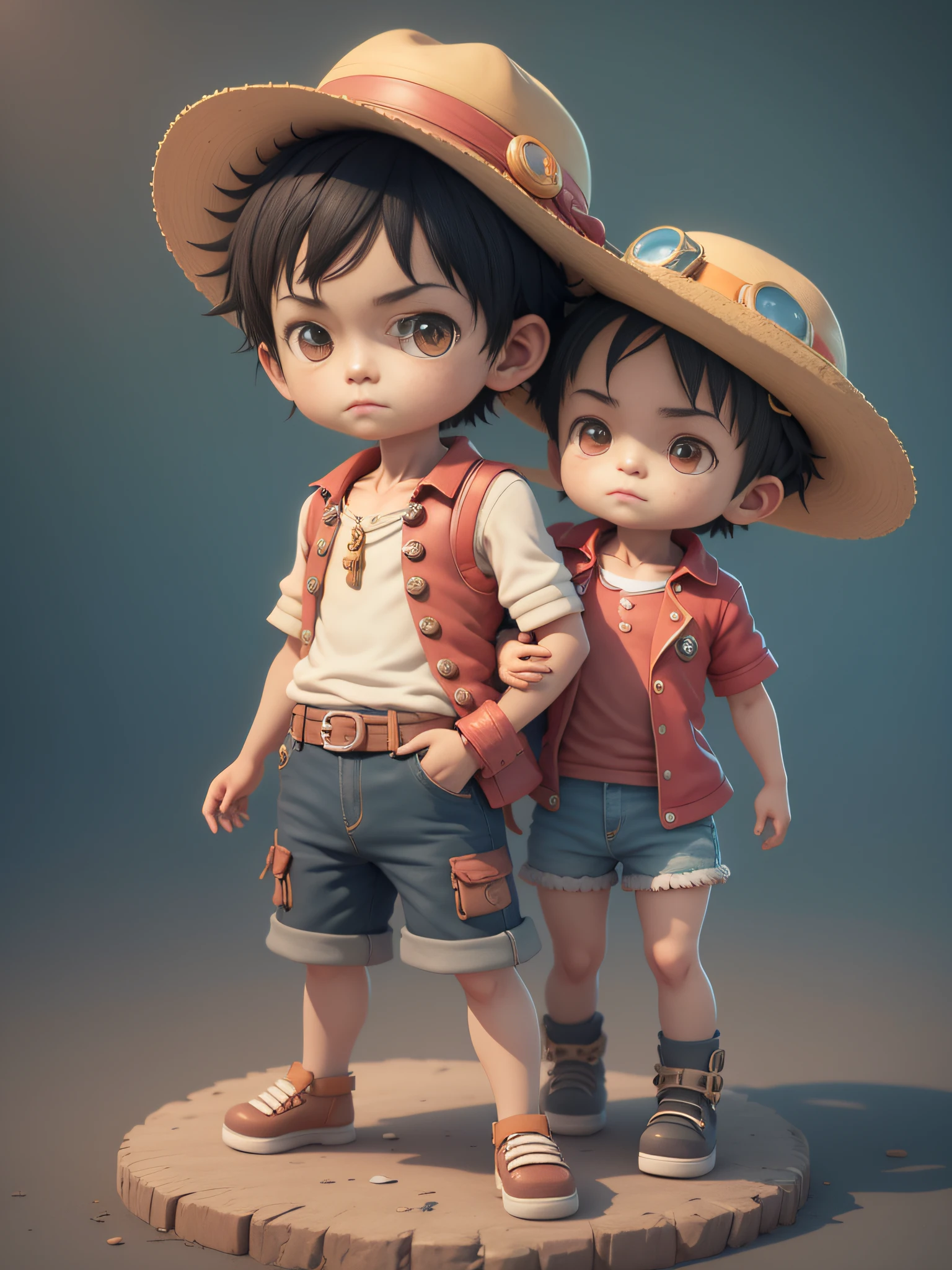 cute 3d render, cute detailed digital art, male explorer mini cute boy, cute digital painting, stylized 3d render, cute digital art, cute render 3d anime boy, Luffy the little pirate, wearing straw hat, cute! c4d, portrait anime sea pirate boy, He wears blue shorts with cuffs, sandals, and an open sleeveless red vest, standing in a pirate ship.
