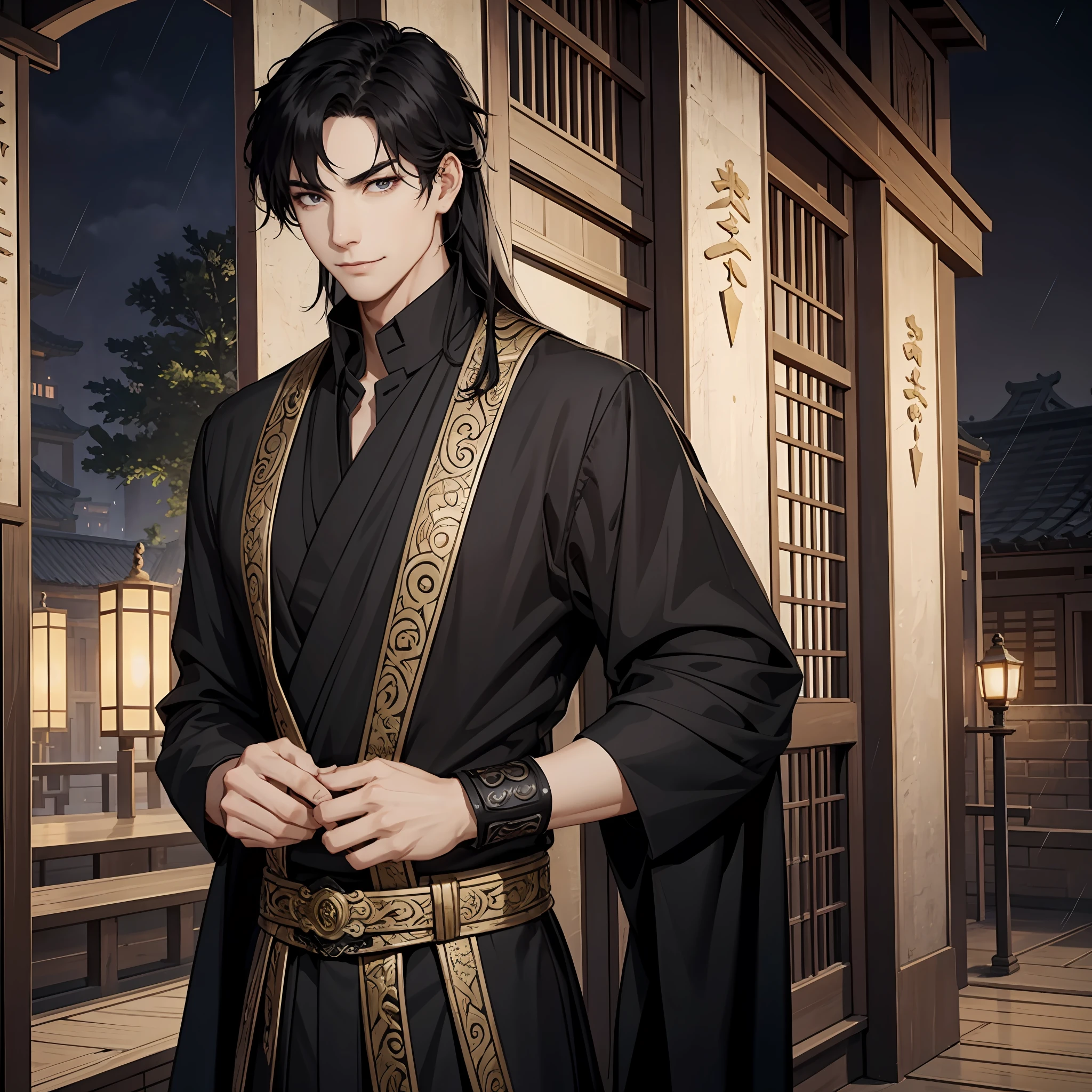 In ancient China, a handsome man dressed in black, long hair, black hair, prince, alley, tall figure, black hair tall, long sword in his hand, a pair of ink pupils. He appeared on a rainy night, frivolous between his eyebrows, lightly erasing the rouge between the heroine's lips, smiling casually and slightly playfully, referring to the love of light and night, ancient, wearing wrist guards on his hands