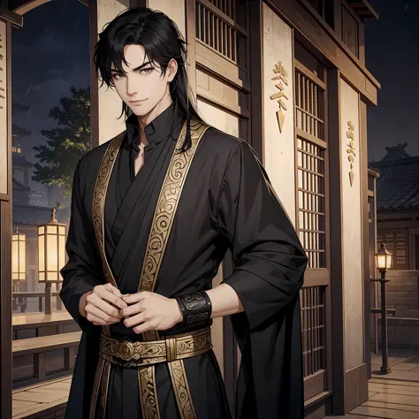 In ancient China, a handsome man dressed in black, long hair, black hair, prince, alley, tall figure, black hair tall, long sword in his hand, a pair of ink pupils. He appeared on a rainy night, frivolous between his eyebrows, lightly erasing the rouge bet...