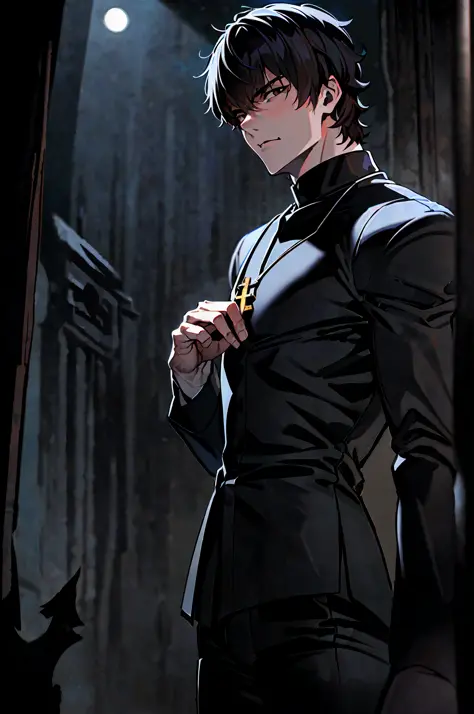 masterpiece, best quality, detailed, 1boy, male focus
alley, dark, night, full moon, from below, 
 kotomine kirei, black shirt, black pants, cross necklace, ((command spell hand)), short hair, long sleeves, black demonic face shadow behind him, evil