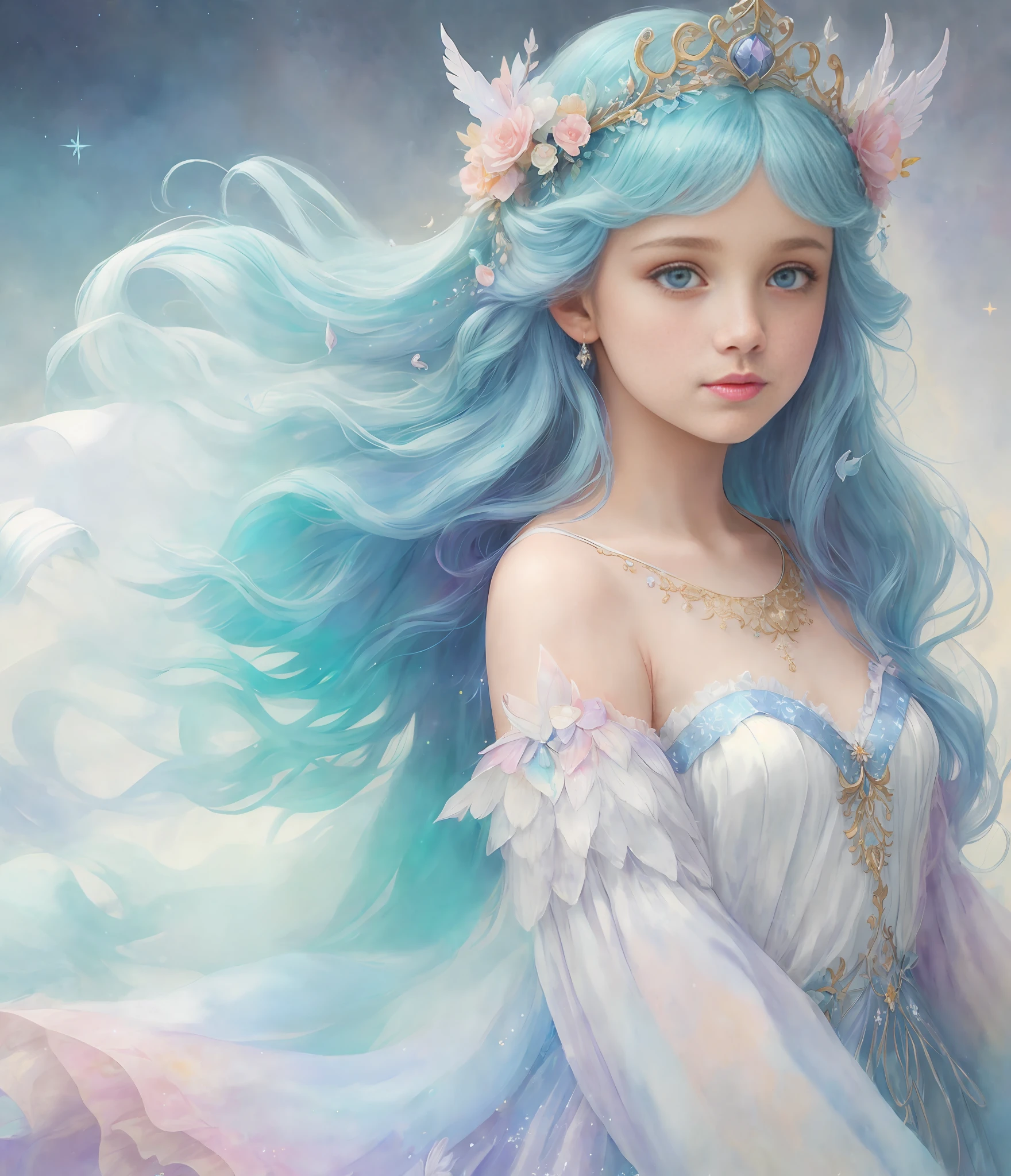 (Cinematic Photo:1.3) of (Realistic:1.3),(Cosy:1.3) Princess girl with wing, Blue, Pastel, glitter, dramatic, dreamy, pastel, Watercolor, Whimsical, Delicate, seashell crown, Trending on Artstation, Highly detailed, Intricate, Portrait, digital painting, Fantasy theme, Fantasy robes, Fantasy concept art, Fantasy character art, Smug, Teenage girl, perfect body, full body, dreamy, pastel, Watercolor, Whimsical, Delicate, seashell crown, art by loish and lois van baarle, Trending on Artstation, Highly detailed, Intricate, Portrait, digital painting,Highly Detailed,(Art Deco:1.3),(Photorealism:1.3),(Classical Realism:1.3),(Fujifilm Superia:1.3),naturalism,land Art,regionalism,shutterstock contest winner,trending on unsplash,featured on Flickr