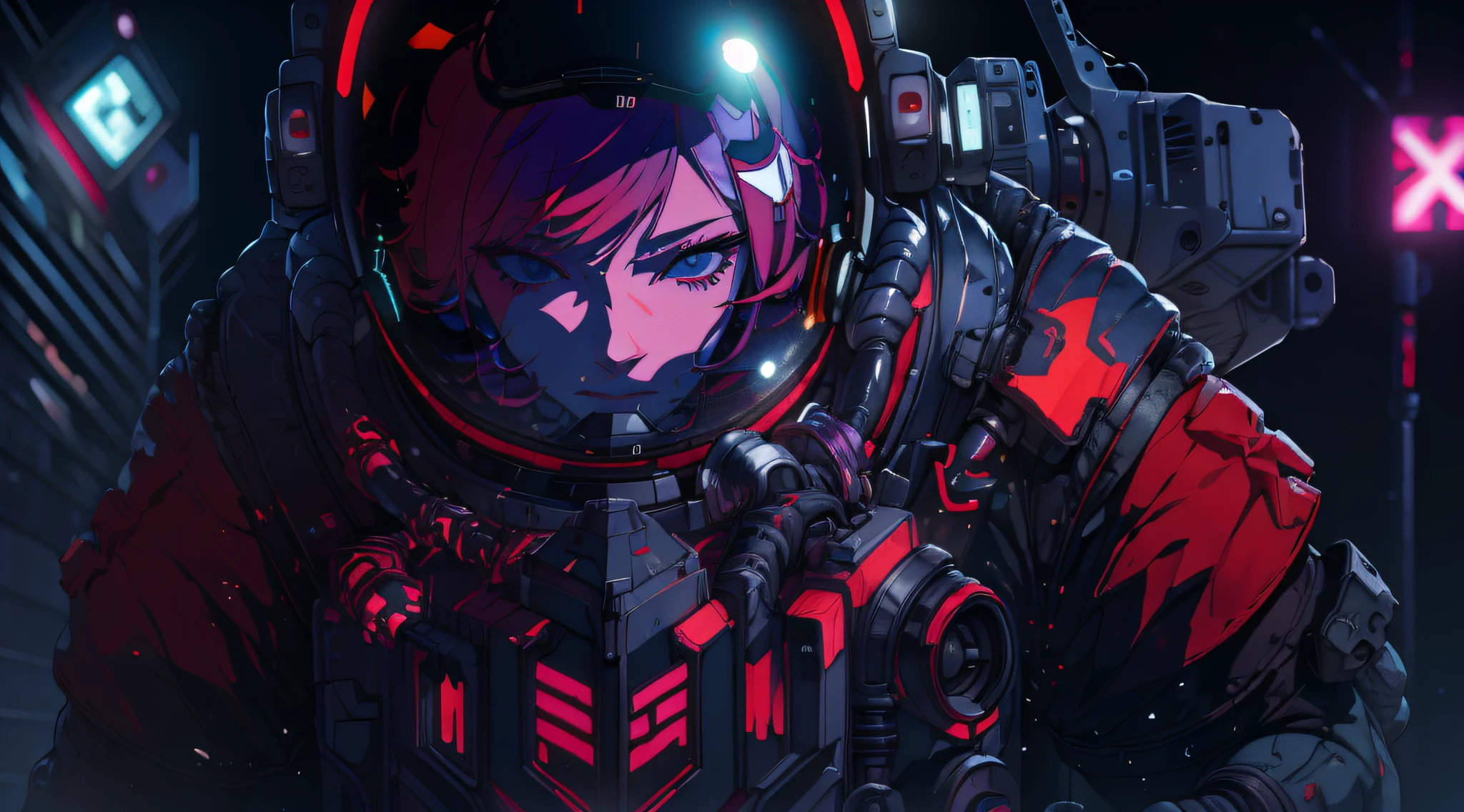 eine Nahaufnahme einer Person mit roten Haaren und einem Helm, cyberpunk anime girl mech, digital cyberpunk anime art, female cyberpunk anime girl, cyberpunk anime girl in hoodie, anime cyberpunk art, Mädchen in Mecha-Cyber-Rüstung, cyberpunk anime art, cyberpunk anime girl, rothaarige weibliche Cyberpunk, modern cyberpunk anime, cyber noir, Neonschuppen und Cyborg-Technologie, anime cyberpunk,Glanz Metall,scharfer Fokus,Raytracing