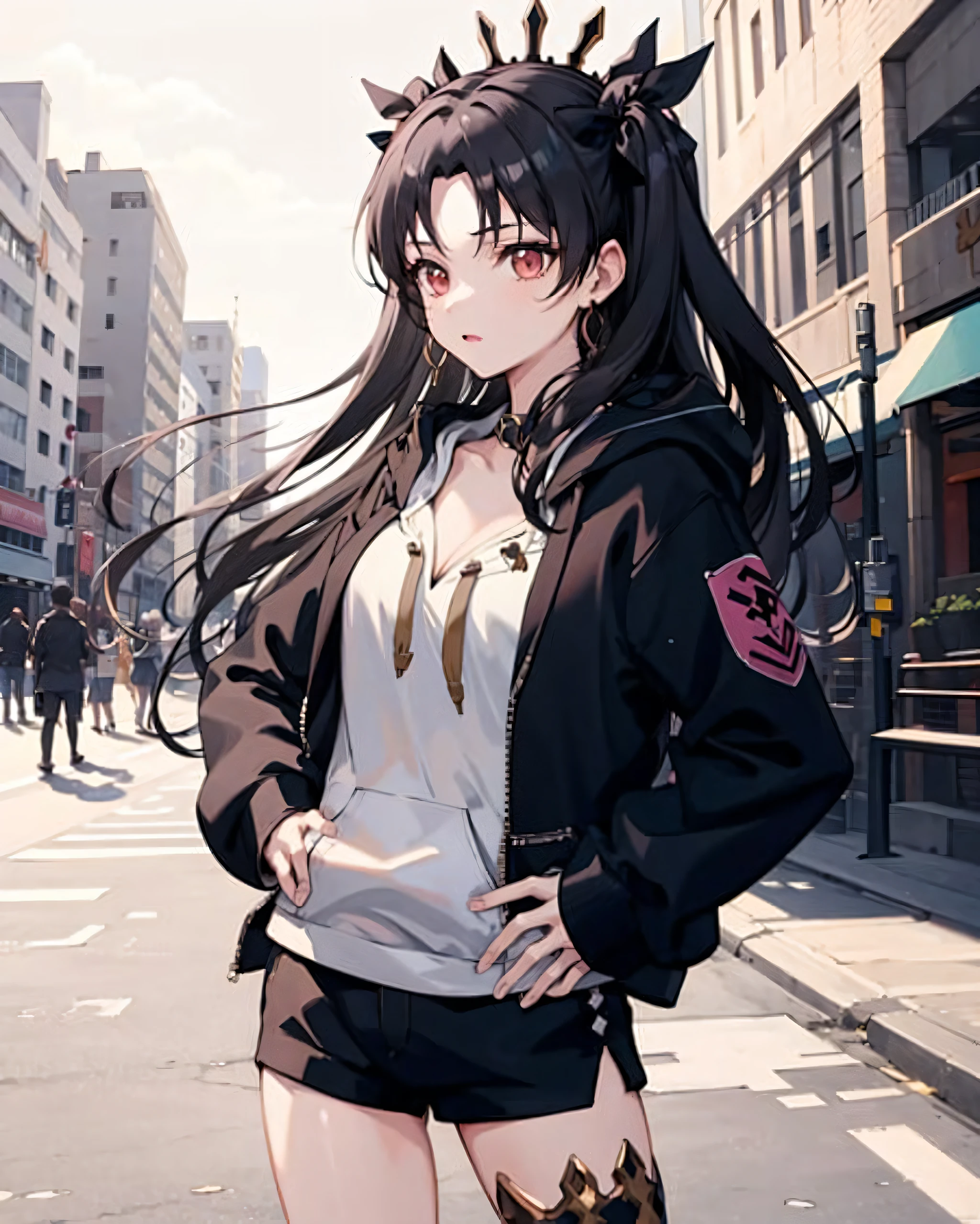 ishtar \(fate\), 1girl,solo,  cowboy shot, standing, hand on hip, single thighhigh,cleavage, black_hair,((hoodie:1.2)),outdoors,street,