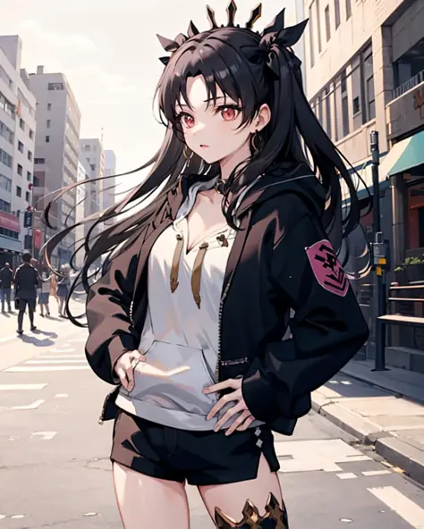 ishtar \(fate\), 1girl,solo,  cowboy shot, standing, hand on hip, single thighhigh,cleavage, black_hair,((hoodie:1.2)),outdoors,...