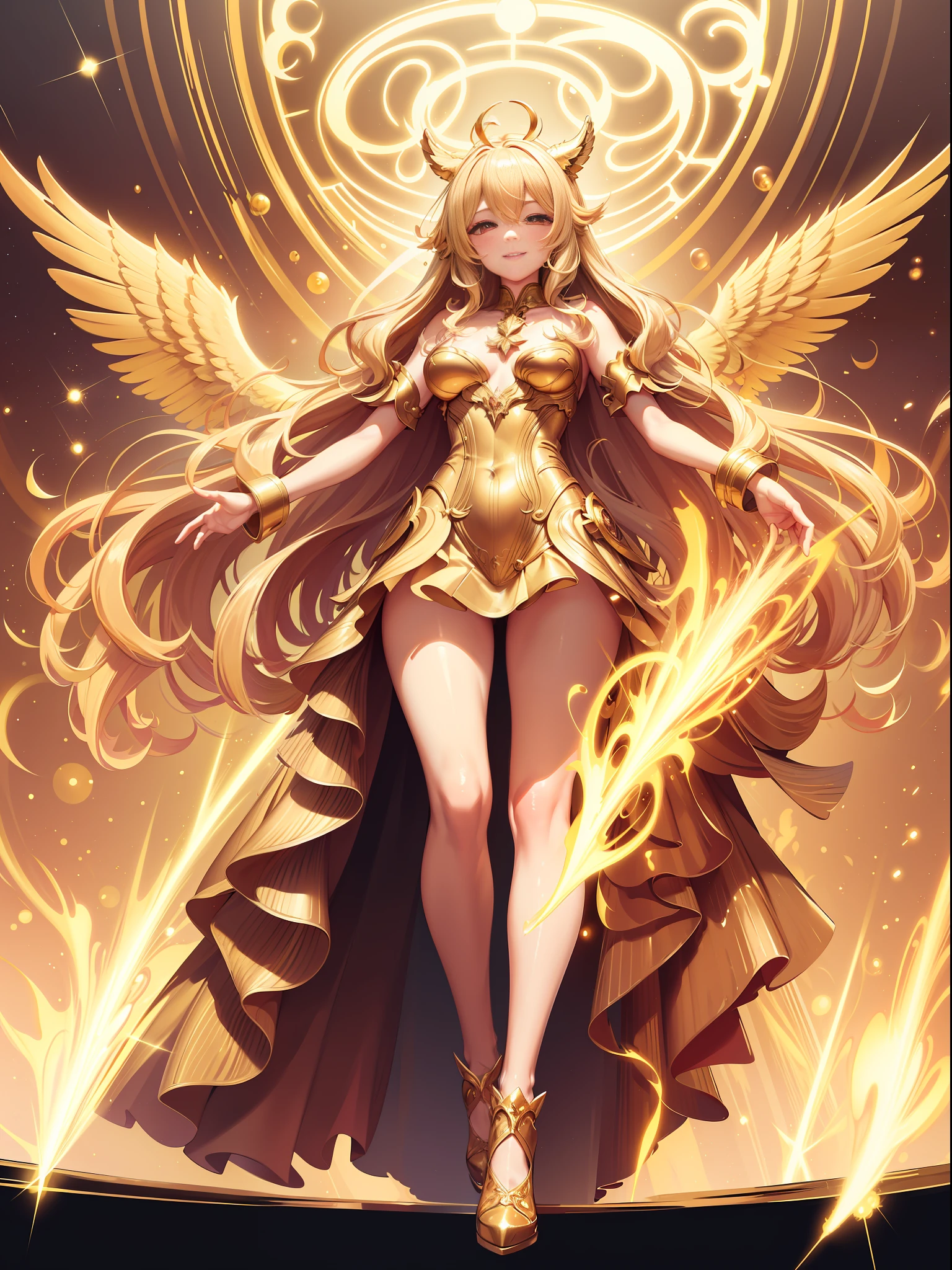 golden angel, golden feathers, blonde, gold costume, golden palace, golden light, kemono ears, middle chest, smile, blush,(Perfect body:1.1)(Short wavy hair:1.2)Full body shot,(Very elaborate CG 8K wallpaper),(Very delicate and beautiful)(Masterpiece)(Best Quality):1.0)(Ultra High Definition:1.0),[High Definition], Detailed skins, Ultra detailed (( Colorful)),