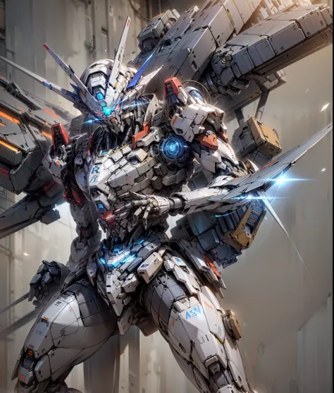 Damaged Gundam, blue glowing eyes, tilted position, chest shot, white, blue, red, complex mech
Armor, volumetric lighting, rendered in Octane, high detail 5--s 750--niji 5