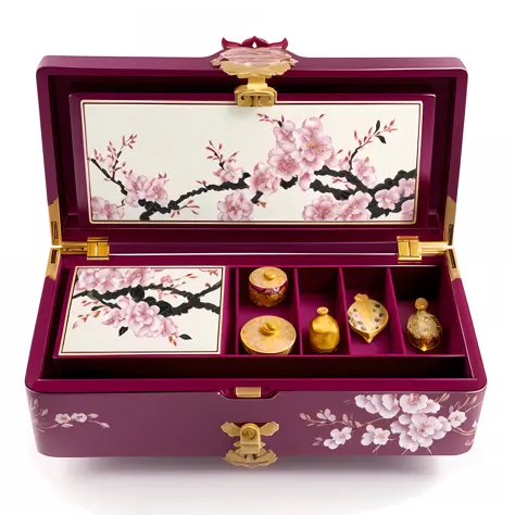 Masterpiece, super high quality, Chinoiserie style, classic elegant style, combination of plum flower pattern decoration and classical cosmetic box, delicate plum flower texture pattern on the surface of the cosmetic box, ultimate details, 4k, dreamlike li...