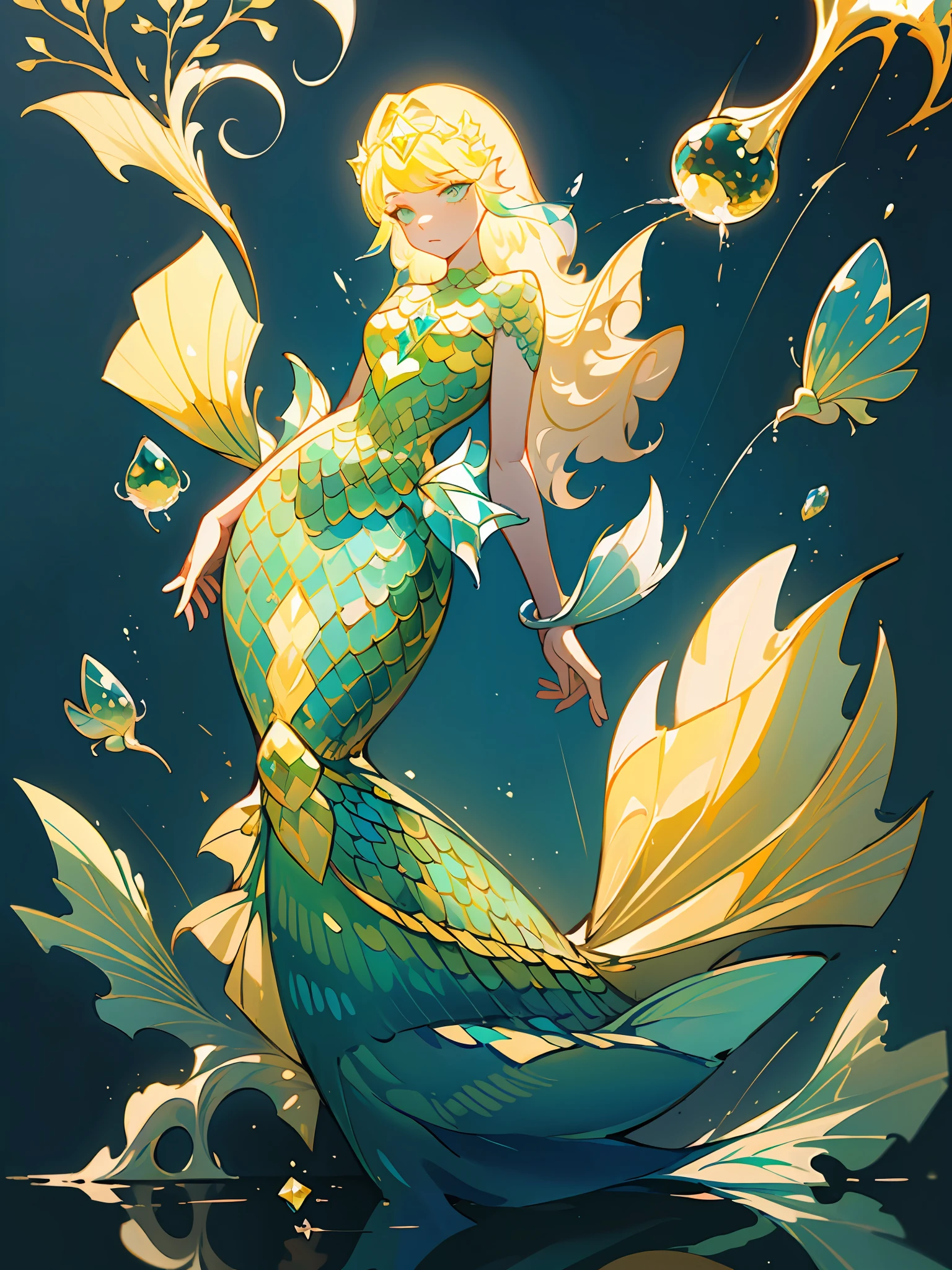 (Best Quality, Masterpiece), 1 Kraken, Yellow Diamond Mineral, Beautiful Full Body Concept Art, (Simple White Background), Long Blonde Hair, Mineral, (Mermaid Tail: 1.4), Smooth Glass Thickness, Transparent, Film Lighting, Rendering, 4K,--niji 5