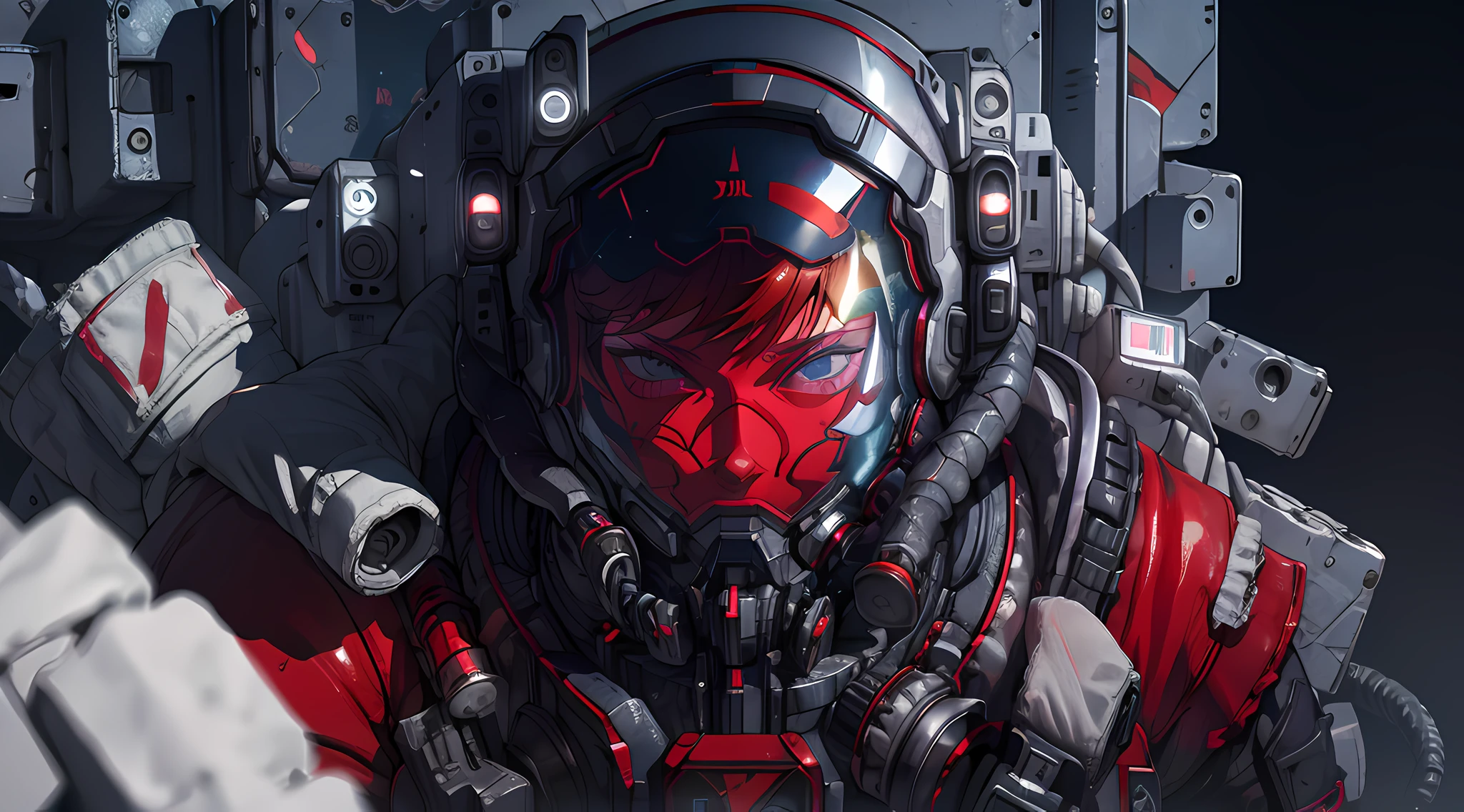 um close de uma pessoa com cabelo ruivo e um capacete, garota de anime cyberpunk mech, digital arte de anime cyberpunk, female garota de anime cyberpunk, garota de anime cyberpunk in hoodie, anime ciberpunk art, garota com armadura cibernética mecha, arte de anime cyberpunk, garota de anime cyberpunk, ruiva feminina cyberpunk, anime cyberpunk moderno, cibernegro, escalas de néon e tecnologia ciborgue, anime ciberpunk,brilhar metal,foco nitído,traçado de raio