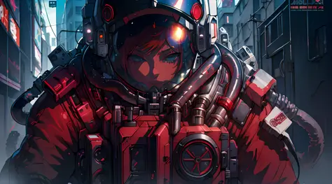 a close up of a person with red hair and a helmet, cyberpunk anime girl mech, digital cyberpunk anime art, female cyberpunk anim...