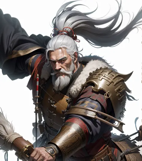 Best quality, high resolution, masterpiece, bow archery, Huang Zhong image in Romance of the Three Kingdoms, horseback archery, battlefield smoke background, detail, depth of field effect, white beard, white hair, elderly image --auto --s2