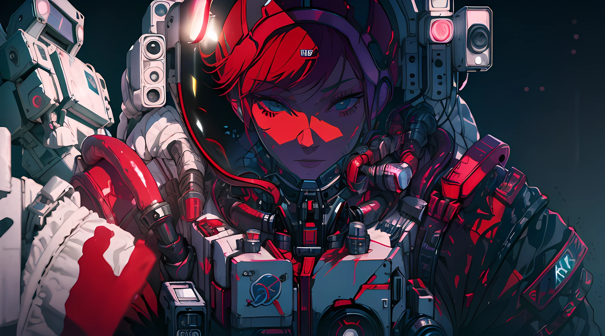 um close de uma pessoa com cabelo ruivo e um capacete, garota de anime cyberpunk mech, digital arte de anime cyberpunk, female garota de anime cyberpunk, garota de anime cyberpunk in hoodie, anime ciberpunk art, garota com armadura cibernética mecha, arte de anime cyberpunk, garota de anime cyberpunk, ruiva feminina cyberpunk, anime cyberpunk moderno, cibernegro, escalas de néon e tecnologia ciborgue, anime ciberpunk,brilhar metal,foco nitído,traçado de raio