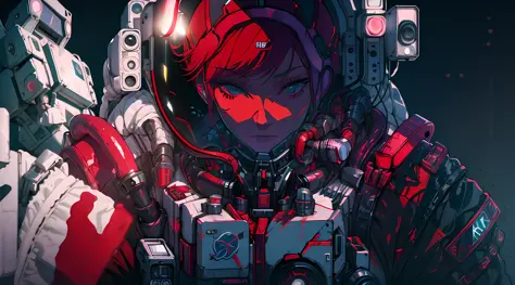 a close up of a person with red hair and a helmet, cyberpunk anime girl mech, digital cyberpunk anime art, female cyberpunk anim...