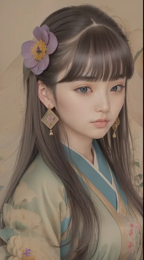 (Gongbi Drawing: 1.3), (Traditional Gongbi Painting), Ink, A Beautiful Tang Dynasty Girl, Solo, Peony Flowers of Multiple Colors...