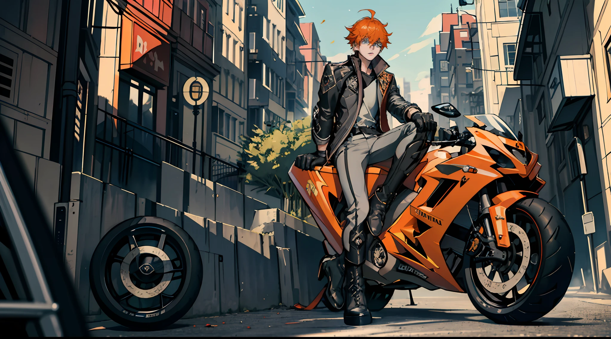 Masterpiece, best quality, tartaglia (genshin impact), gloves, mask, 1boy, blue eyes, black gloves, solo, orange hair, bangs, hair between the eyes, gray jacket, (((sitting on a motorcycle)))), (motorcycle), (competitive motorcycle), (full body))