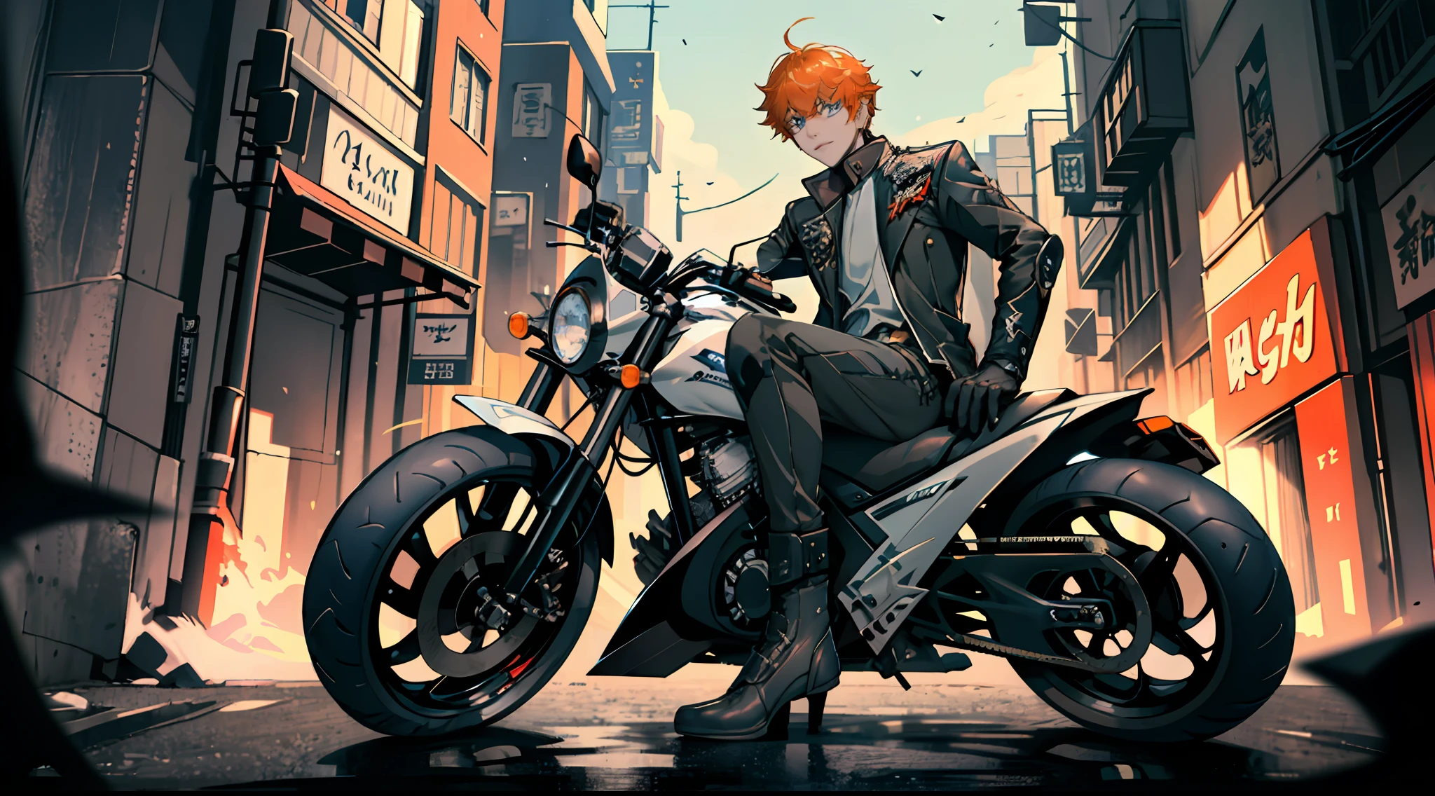 Masterpiece, best quality, tartaglia (genshin impact), gloves, mask, 1boy, blue eyes, black gloves, solo, orange hair, bangs, hair between the eyes, gray jacket, (((sitting on a motorcycle)))), (motorcycle), (competitive motorcycle), (full body))