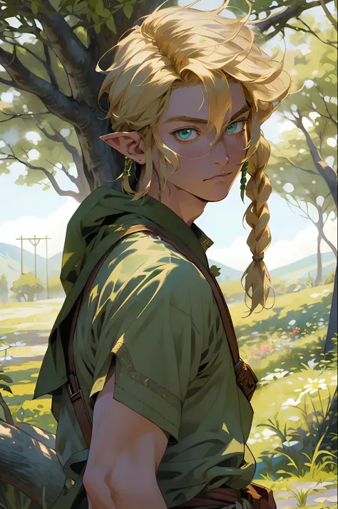 Realistic, (masterpiece, top quality, best quality, official art,), very detailed, most detailed, (1boy:1.3), gods, blonde hair, mysterious, handsome man, ((zelda style)), prairie, herdsmen, pale green clothes, ornaments, earrings, single braids