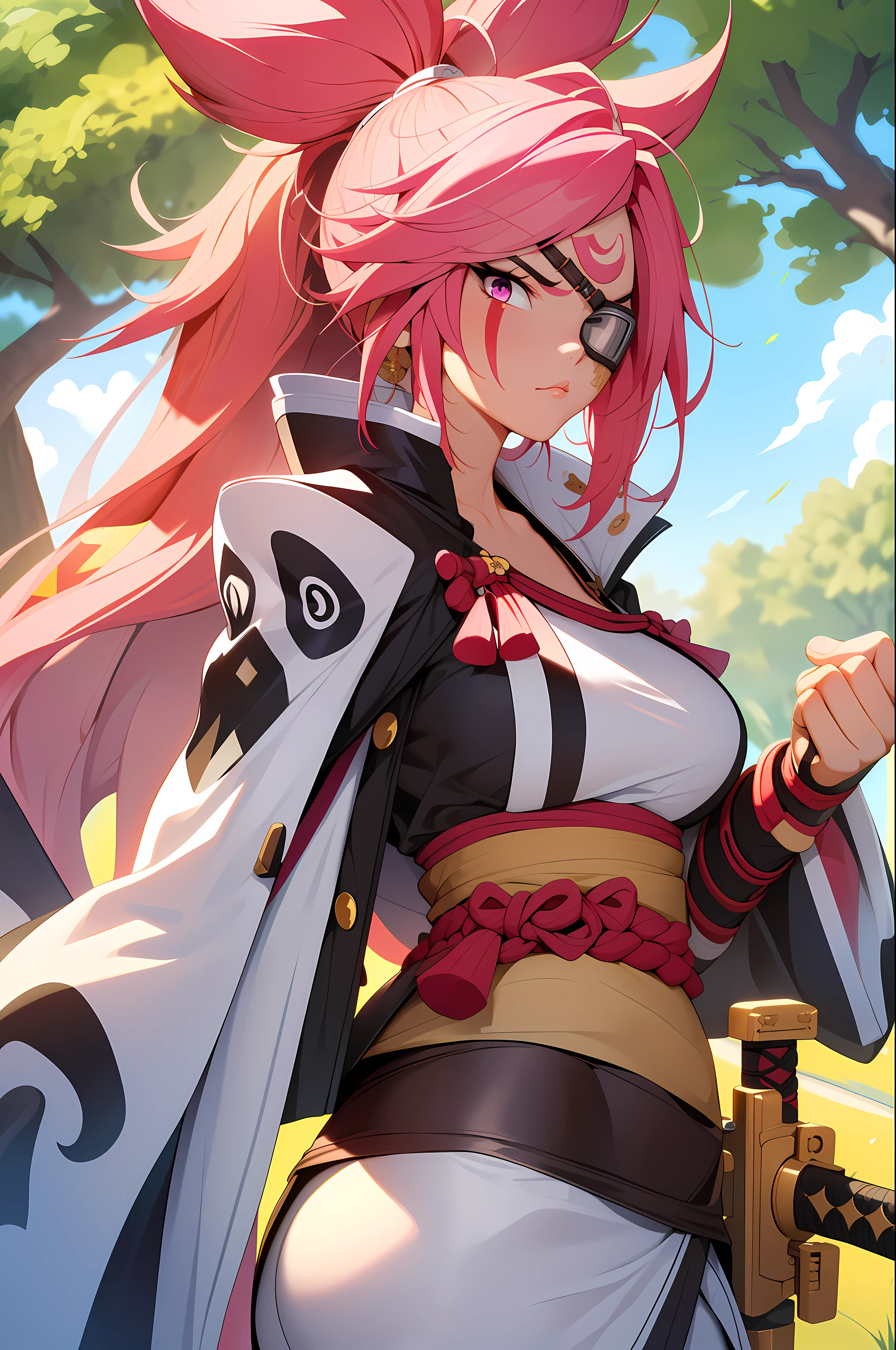 (masterpiece, best quality:1.2), cowboy shot, solo, 1girl, baiken, amputee, serious, ((Hold a samurai sword )) closed mouth, looking at viewer, ponytail, eyepatch, multicolored clothes, open clothes, japanese clothes, kimono, large breasts ,( background Pink willow tree)