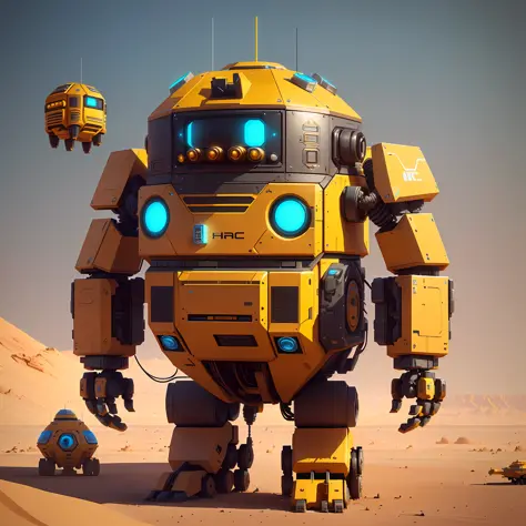 there is a robot that is standing in the desert, beautiful robot character design, droid, dan mcpharlin, cute robot, cute elaborate epic robot, 3 d render beeple, yellow mech, futuristic robot, pit droid, inspired by Petros Afshar, in style of beeple, wojt...
