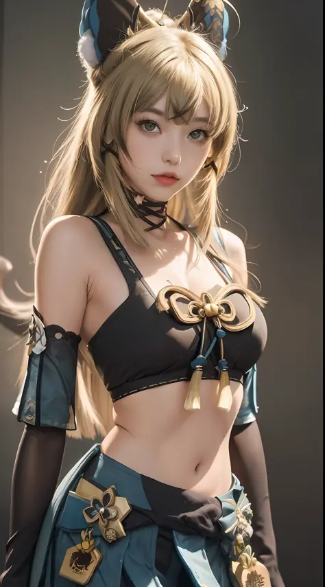 Masterpiece, best quality, real lighting, super high resolution, (realism, photo realism: 1.48), 1 girl, beautiful, blonde ,solo, ahoge, hair accessory, bare shoulders, crop top, navel, split sleeves, elbow gloves, gloves, tail, and skirt, nya