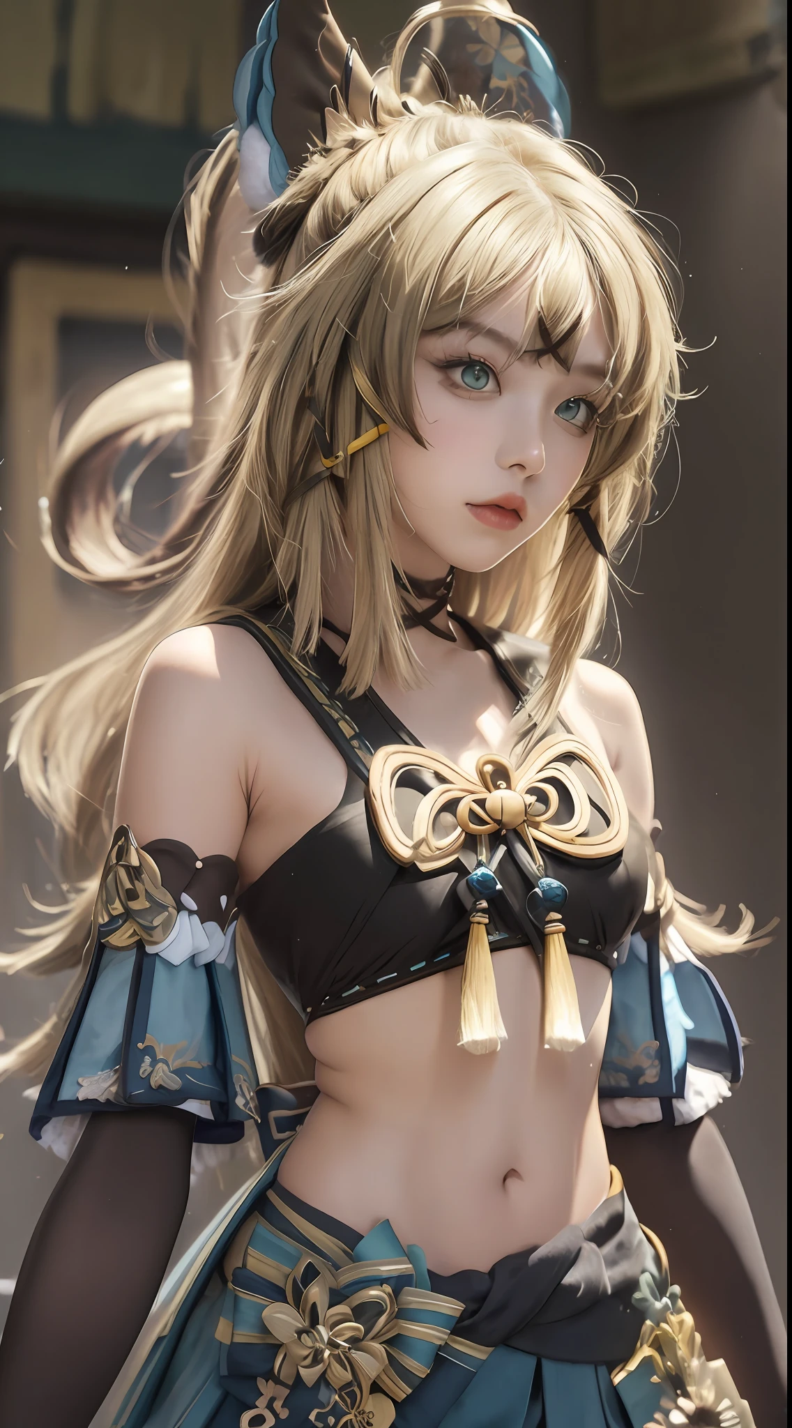 Masterpiece, best quality, real lighting, super high resolution, (realism, photo realism: 1.48), 1 girl, beautiful, blonde ,solo, ahoge, hair accessory, bare shoulders, crop top, navel, split sleeves, elbow gloves, gloves, tail, and skirt, nya