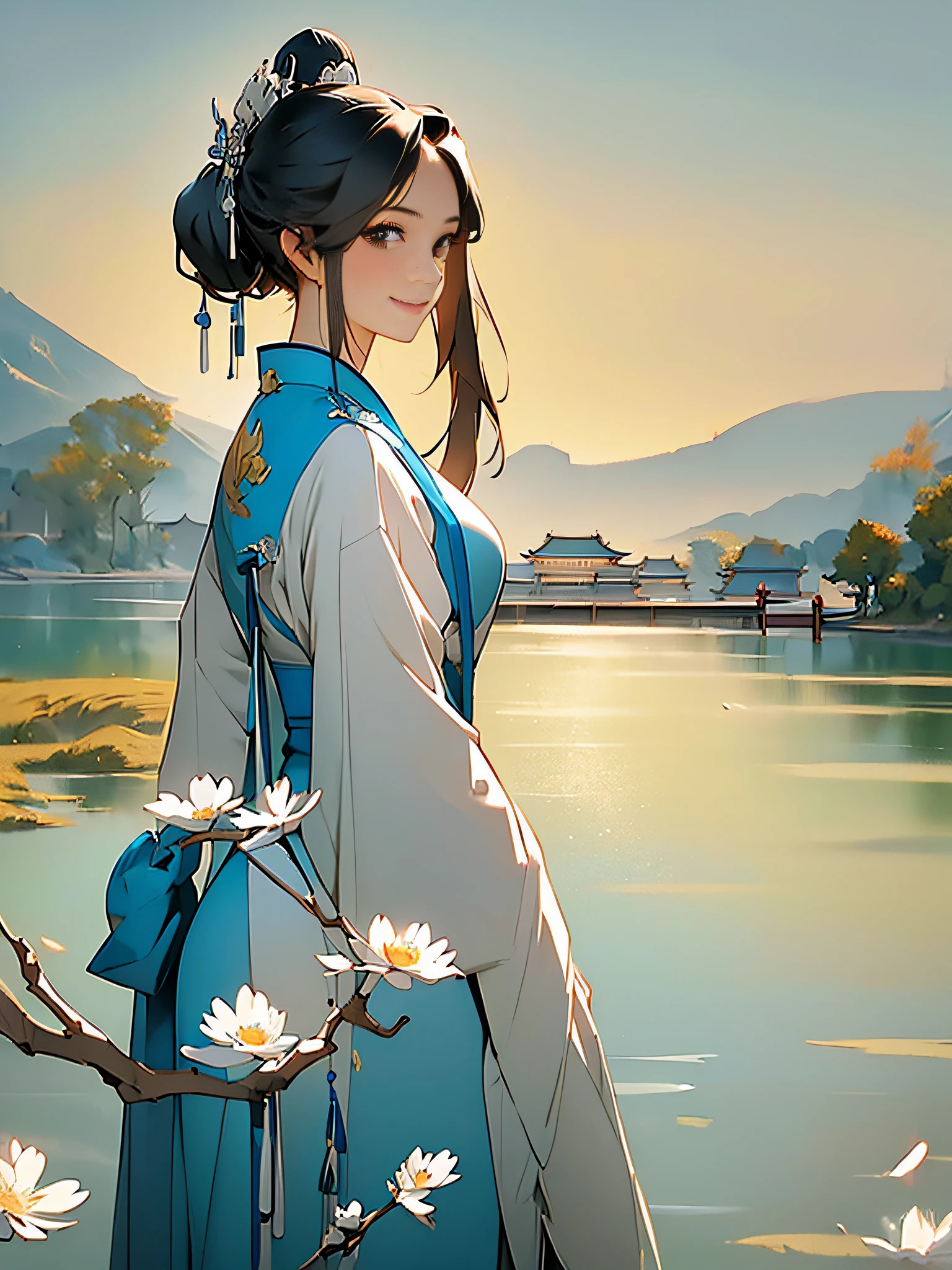 (傑作, 高品質), 1個中國女孩, 雙馬尾辮, 藍色和白色的衣服, 22岁, (身材高大), 微笑, 溫和的, 大眼睛, 鳳凰, 山脉, 河, 湖泊, 唐代建築, Hanfu, (衣服有美丽的细节: 1.2), 树木, 白天