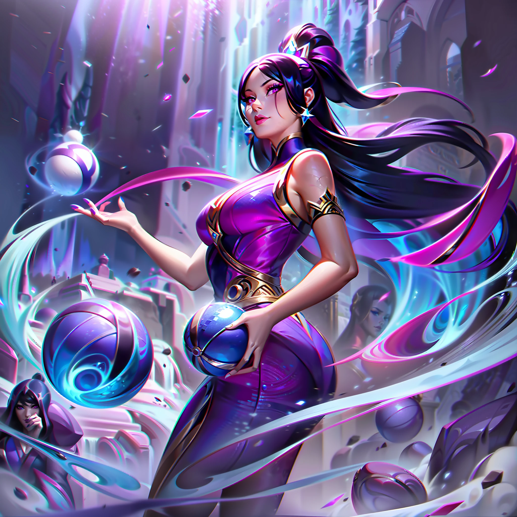 Arabische Frau in einem lila Outfit hält einen blauen Ball in der Hand, Konzeptkunst inspiriert von Li Mei-shu, Trends auf ArtStation, pelzige Kunst, ahri, Porträt von Ahri, Ahri aus League of Legends, Liga der Legenden Kunst, Splash Art, league of legends Splash Art, official Splash Art, League of Legends-Charakterkunst