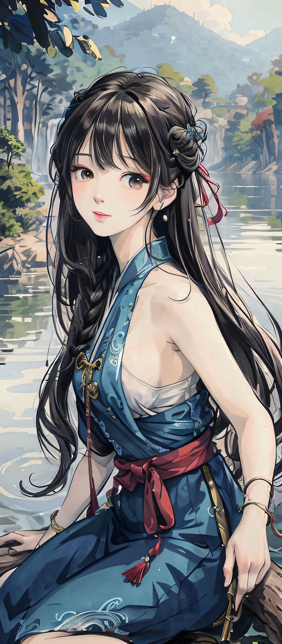 Девушка аниме сидит на бревне у воды, красивая рисовка персонажей, очень  подробный изысканный фанарт, красивый аниме портрет, artwork in the style  of Гувейз - SeaArt AI