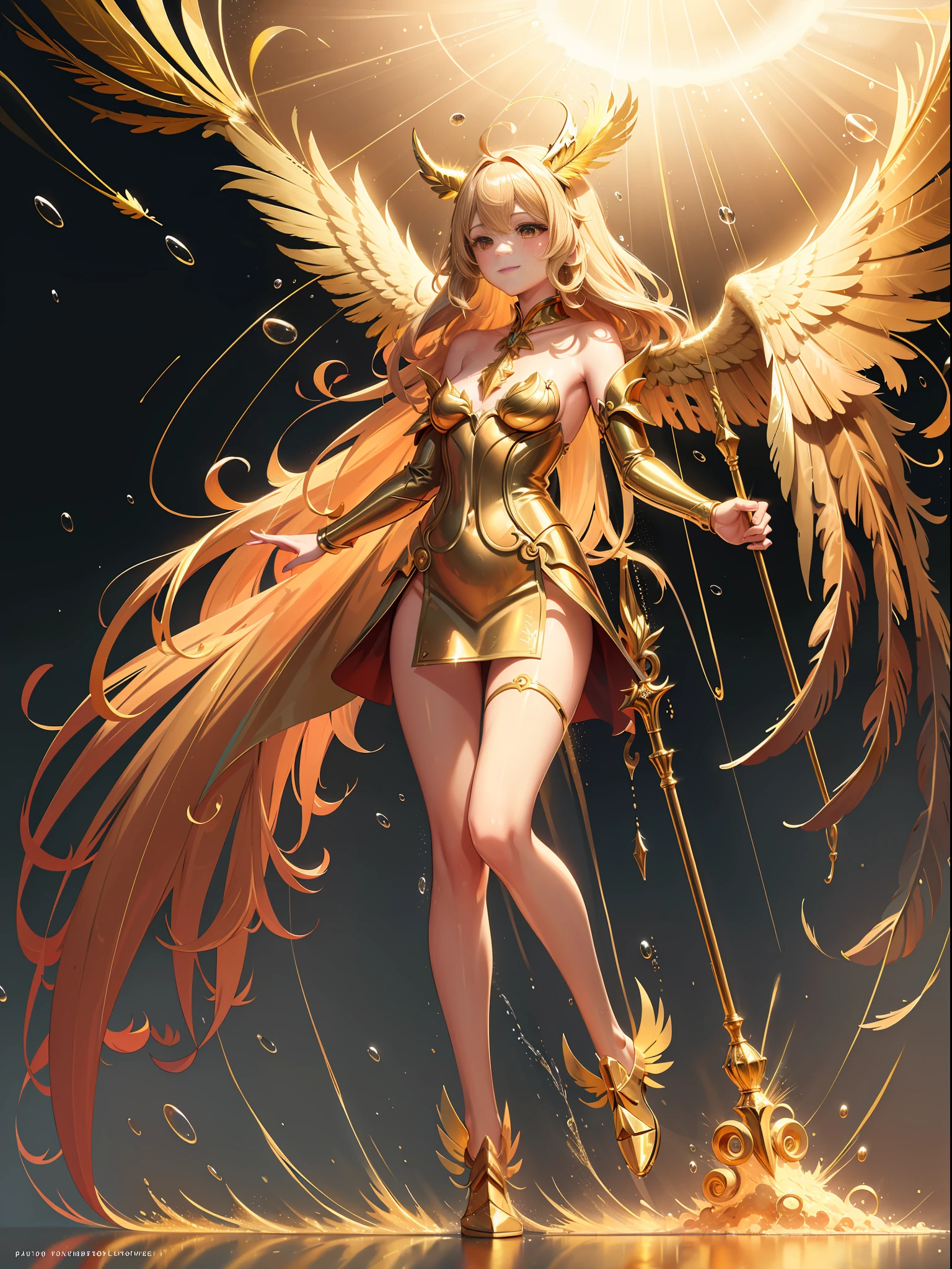 Golden Angel, ((Golden Feather:1.3)), Blonde, Gold Costume, Golden Palace, ((Gold particles rain down like rays from heaven:1.3)), Kemono ears, Middle chest, smile, Blush,(Perfect body:1.1)、(Short wavy hair:1.2),Full body shot,(Very elaborate CG 8K wallpaper)(Very delicate and beautiful)(Masterpiece)(Best Quality):1.0)(Ultra High Definition:1.0), [High Resolution], Detailed Skin, Ultra Detailed ((Colorful)),