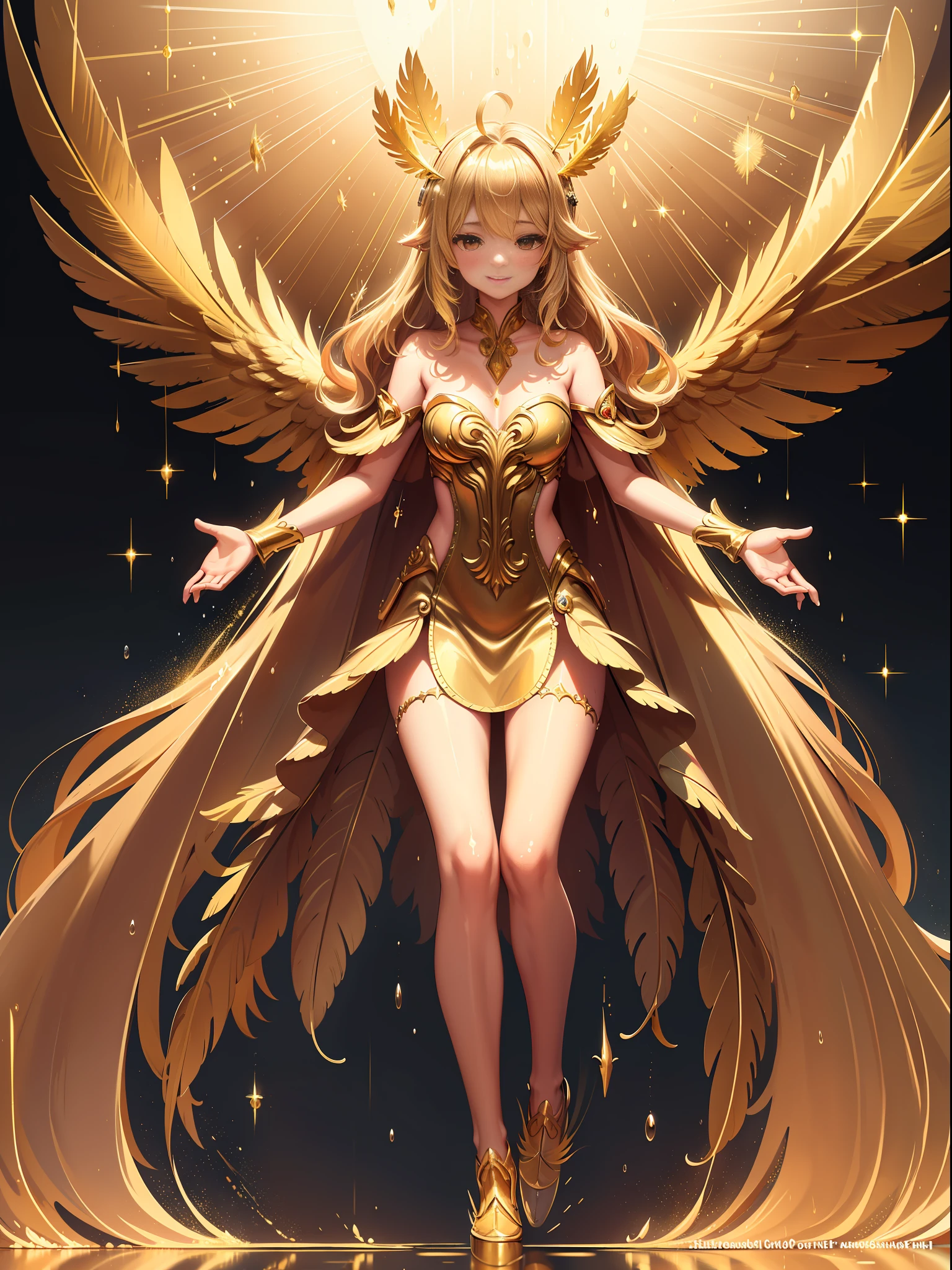 Golden Angel, ((Golden Feather:1.3)), Blonde, Gold Costume, Golden Palace, ((Gold particles rain down like rays from heaven:1.3)), Kemono ears, Middle chest, smile, Blush,(Perfect body:1.1)、(Short wavy hair:1.2),Full body shot,(Very elaborate CG 8K wallpaper)(Very delicate and beautiful)(Masterpiece)(Best Quality):1.0)(Ultra High Definition:1.0), [High Resolution], Detailed Skin, Ultra Detailed ((Colorful)),