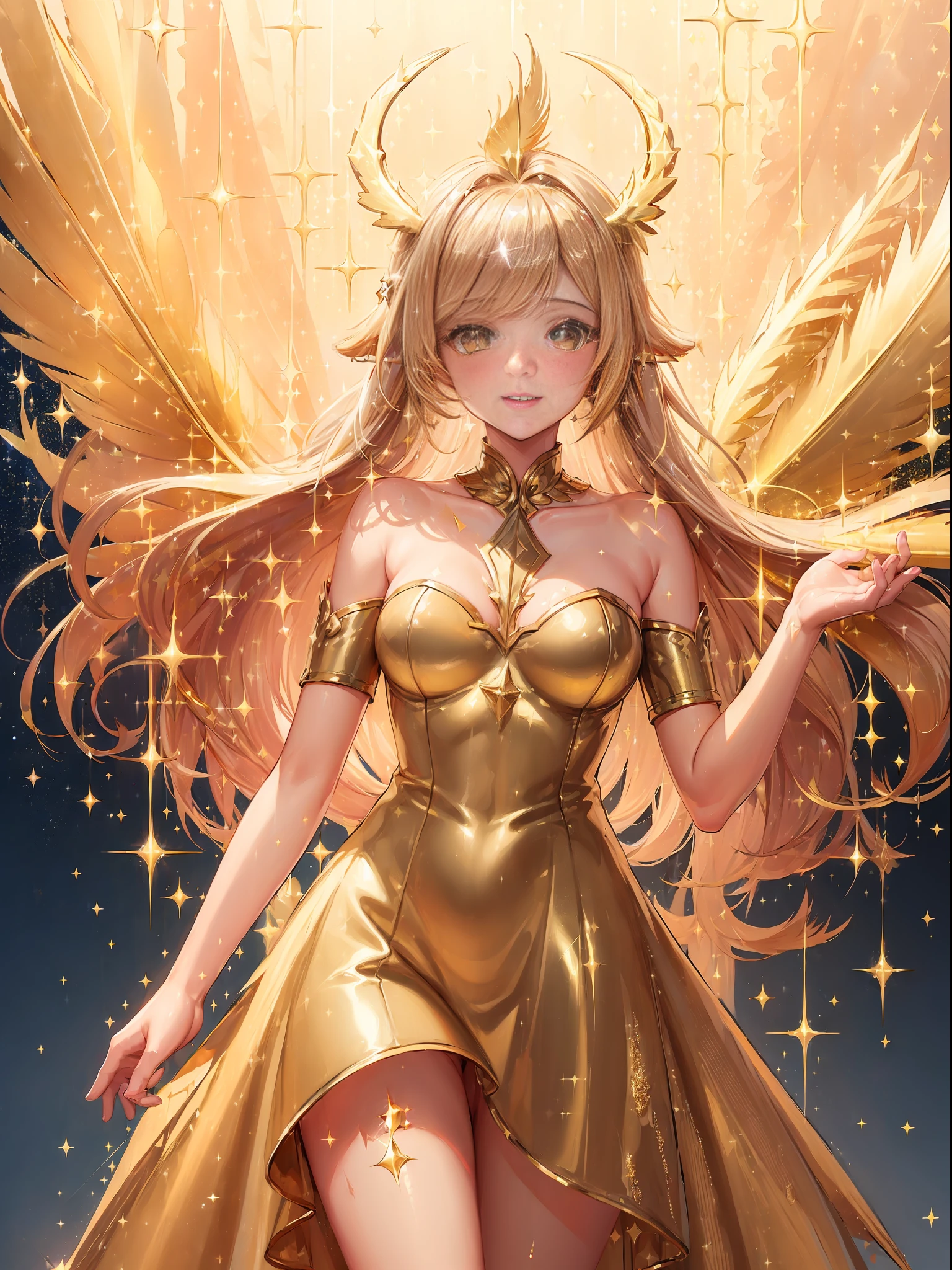 (Sparkle:2.0), Golden Angel, ((Golden Feather:1.3)), Blonde, Gold Costume, Golden Palace, ((Gold particles rain down like rays from heaven:1.3)), Kemono ears, Middle chest, smile, Blush,(Perfect body:1.1),(Short wavy hair:1.2),Full body shot,(Very elaborate CG 8K wallpaper)(Very delicate and beautiful),(Masterpiece),( Best Quality): 1.0), (Ultra High Definition: 1.0), [High Definition], Detailed Skin, Ultra Detailed ((Colorful)),