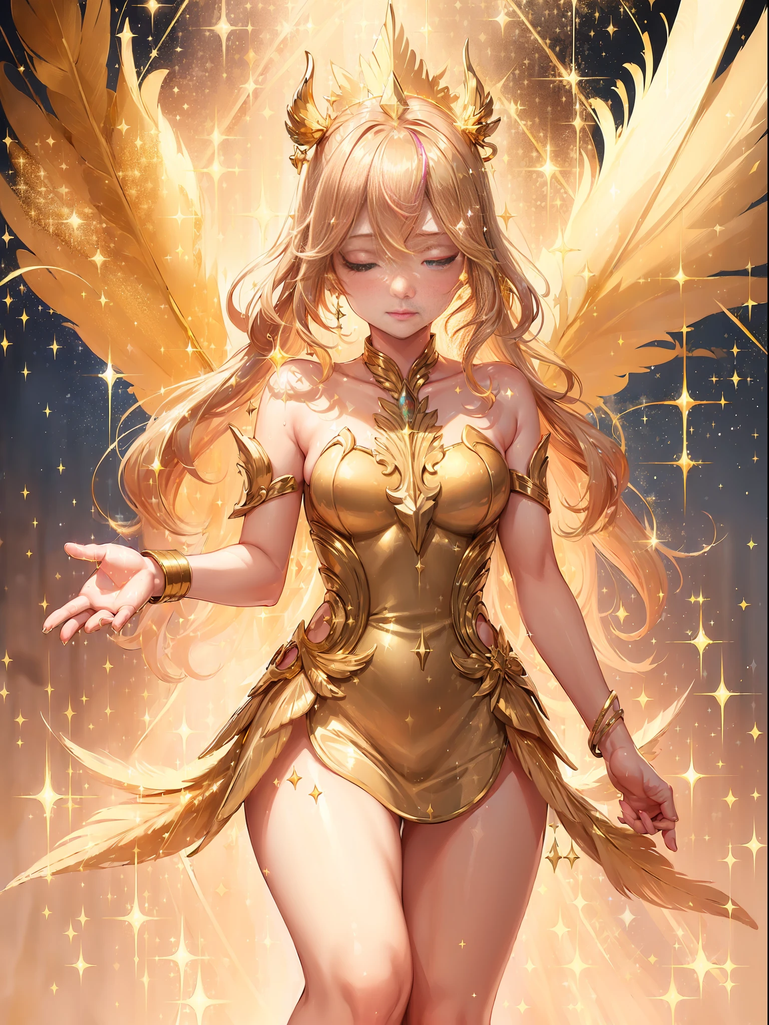 (scintillait:2.0), ange d&#39;or, ((Plume dorée:1.3)), blond, costume d&#39;or, Palais d&#39;or, ((Les particules d&#39;or pleuvent comme des rayons du ciel:1.3)), oreilles de kemono, Poitrine centrale, sourire, Rougir,(corps parfait:1.1),(cheveux courts ondulés:1.2),photo de tout le corps,(Fond d&#39;écran CG 8K très élaboré)(très délicat et beau),(chef-d&#39;œuvre),( meilleure qualité): 1.0), (Ultra Haute définition: 1.0), [Haute définition], peau détaillée, ultra détaillé ((coloré)),