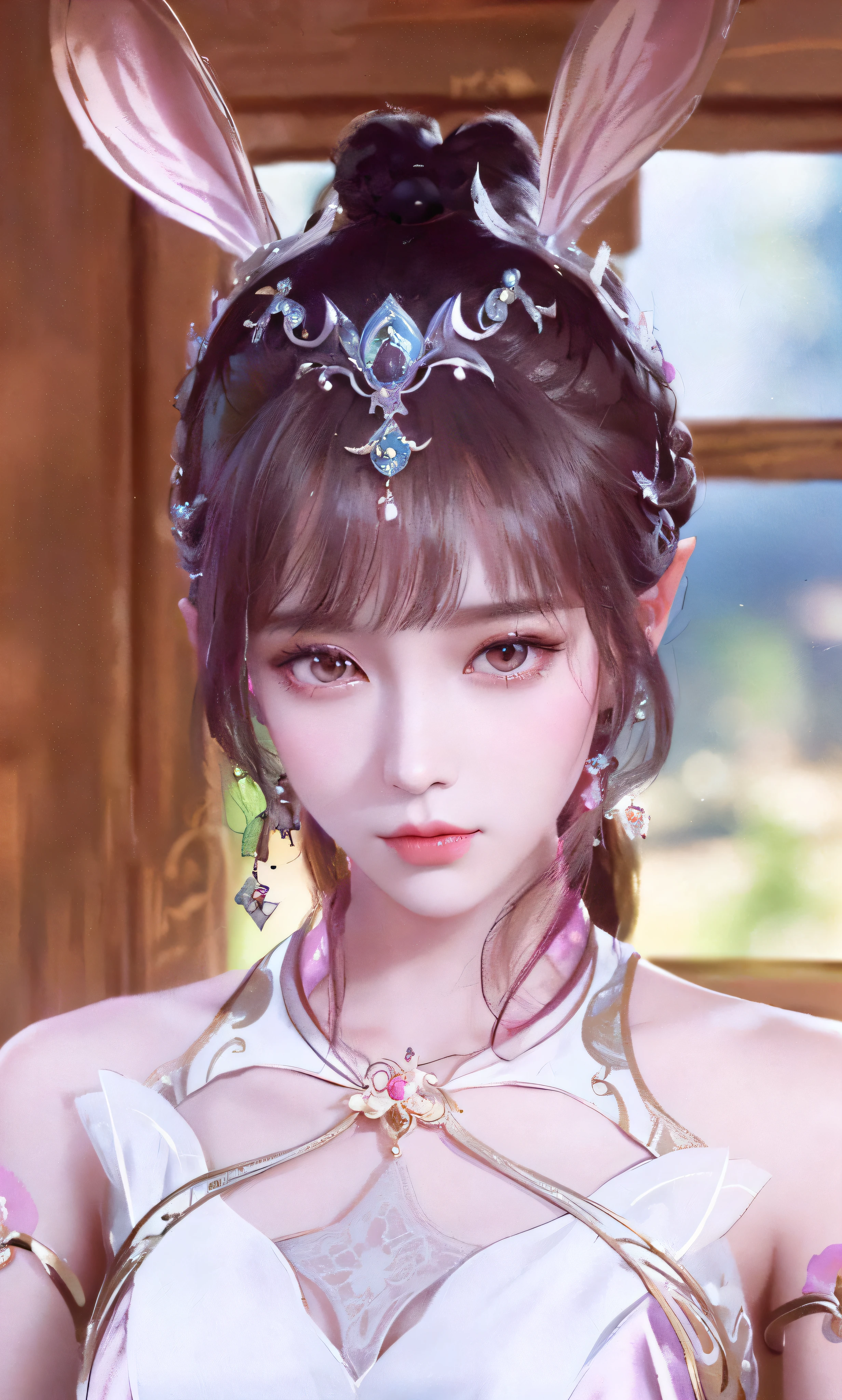 a close up of a woman with a bunny ears and a dress, a beautiful fantasy empress, ((a beautiful fantasy empress)), loong, inspired by Li Mei-shu, inspired by Lan Ying, yun ling, xianxia fantasy, beautiful and elegant elf queen, anime goddess, inspired by Qiu Ying, portrait knights of zodiac girl