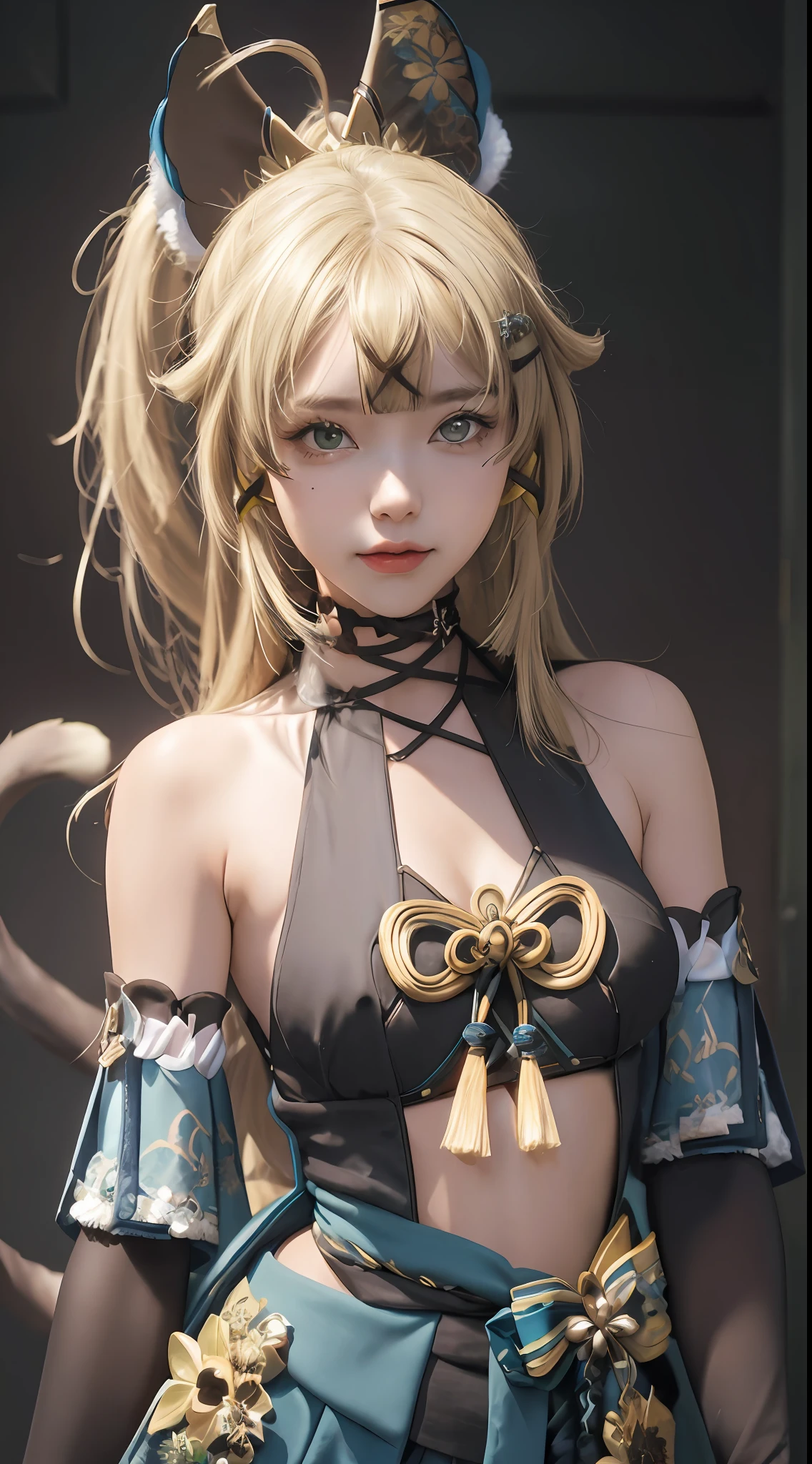 Masterpiece, best quality, real lighting, super high resolution, (realism, photo realism: 1.48), 1 girl, beautiful, blonde ,solo, ahoge, hair accessory, bare shoulders, crop top, navel, split sleeves, elbow gloves, gloves, tail, and skirt, nya