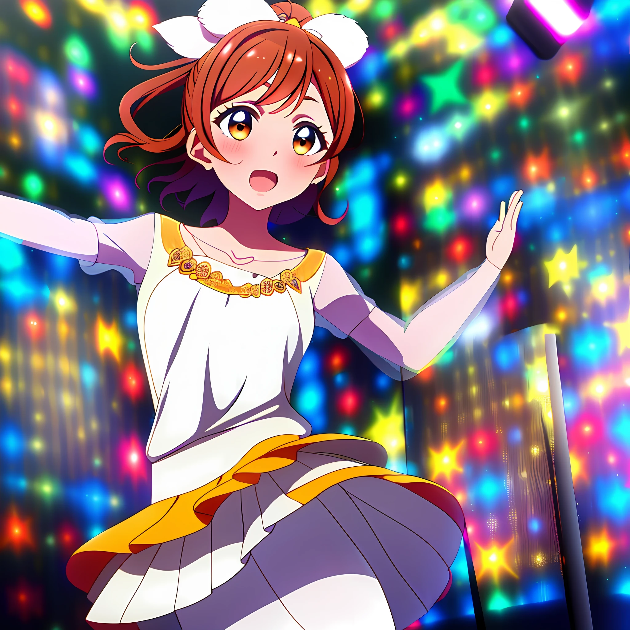 high quality, best quality, masterpiece, absurdres, miyama suzune, idol, 1girl, stage, blush,  white_background, light_particles, singing