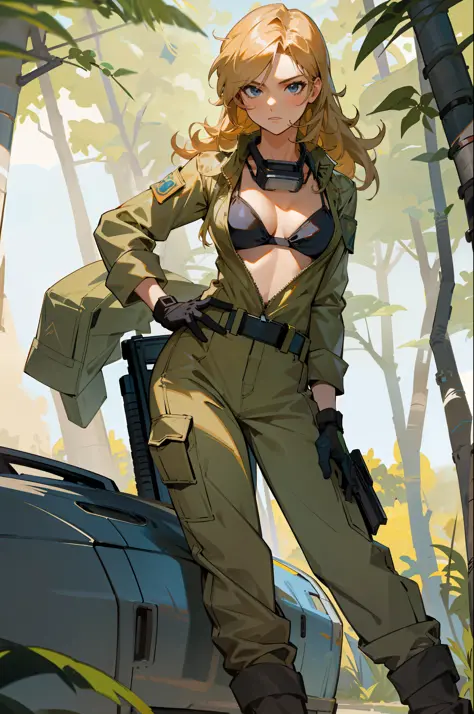 masterpiece, best quality, mgs3eva, tan jumpsuit, blue eyes, goggles around neck, black bra, belt, gloves, boots, road, in the jungle