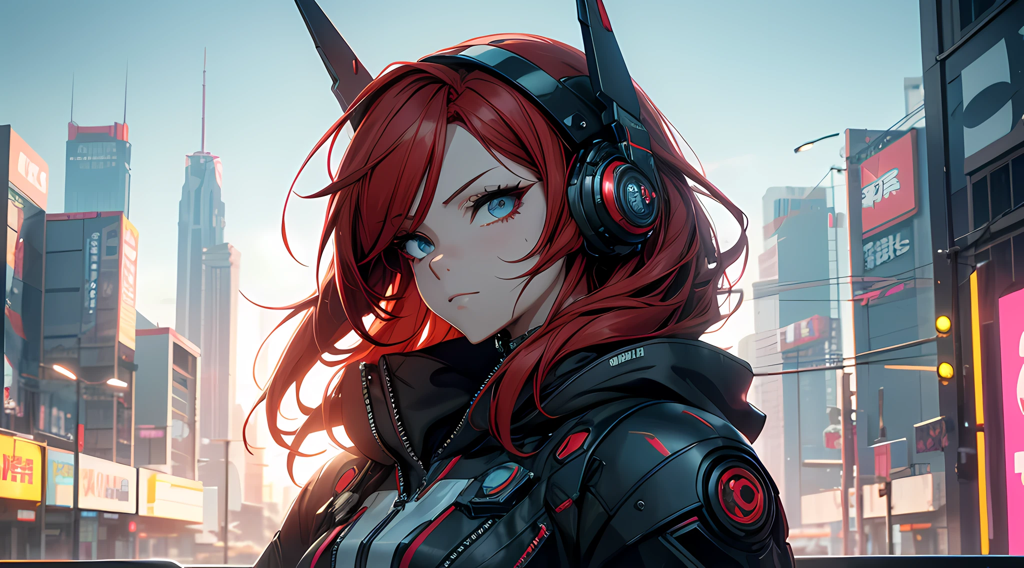 a close up of a person with red hair and a helmet, cyberpunk anime girl mech, digital cyberpunk anime art, female cyberpunk anime girl, cyberpunk anime girl in hoodie, anime cyberpunk art, girl in mecha cyber armor, cyberpunk anime art, cyberpunk anime girl, redhead female cyberpunk, modern cyberpunk anime, cyber noir, neon scales and cyborg tech, anime cyberpunk,shine metal,sharp focus,raytracing