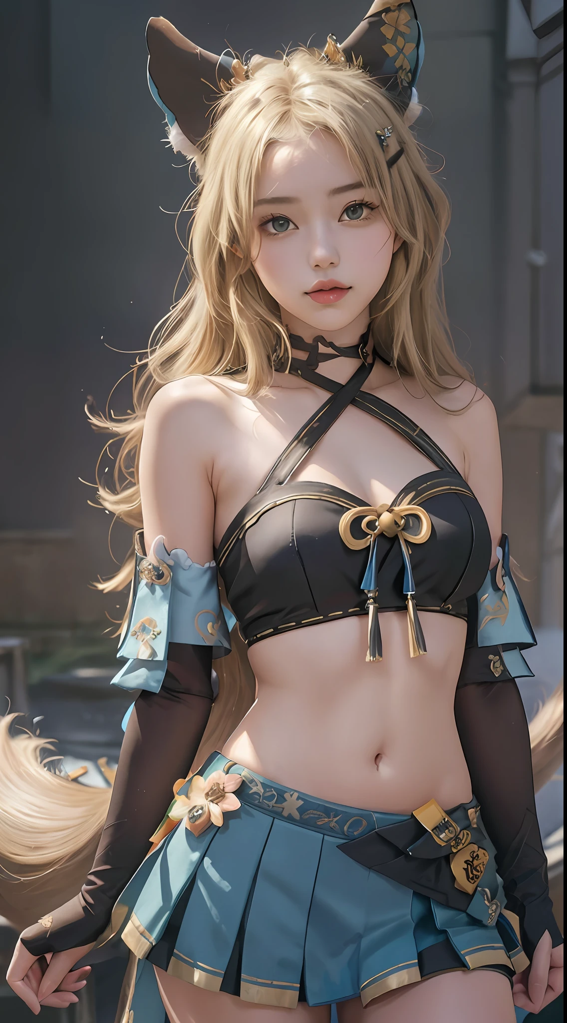 Masterpiece, best quality, real lighting, super high resolution, (realism, photo realism: 1.48), 1 girl, beautiful, blonde ,solo, ahoge, hair accessory, bare shoulders, crop top, navel, split sleeves, elbow gloves, gloves, tail, and skirt, nya