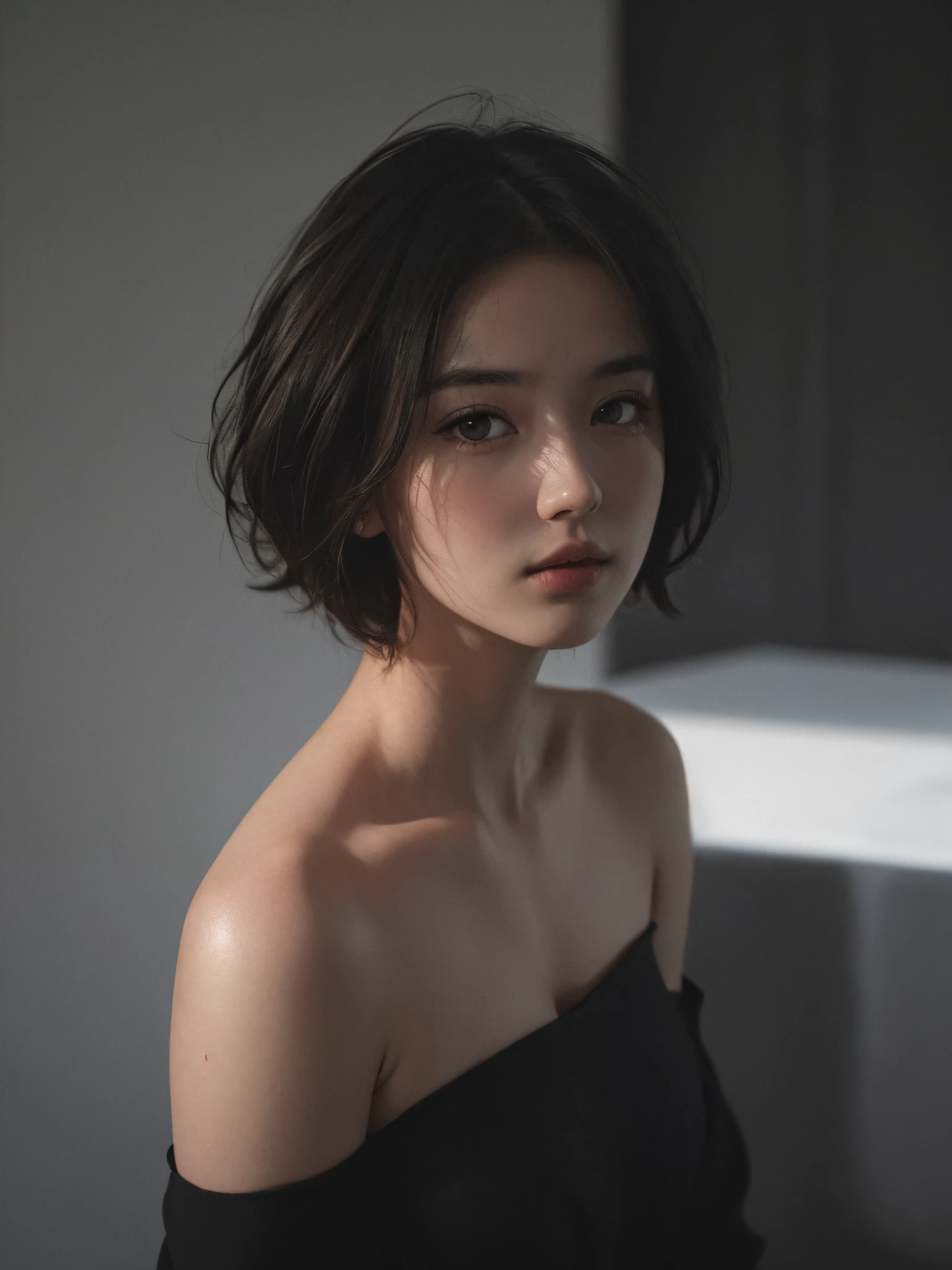 Best quality, masterpiece, ultra high res, (photorealistic:1.5), raw photo, 1girl, offshoulder, in the dark, deep shadow, low key, cold light, sexy look, short hair