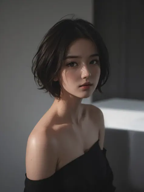 Best quality, masterpiece, ultra high res, (photorealistic:1.5), raw photo, 1girl, offshoulder, in the dark, deep shadow, low ke...