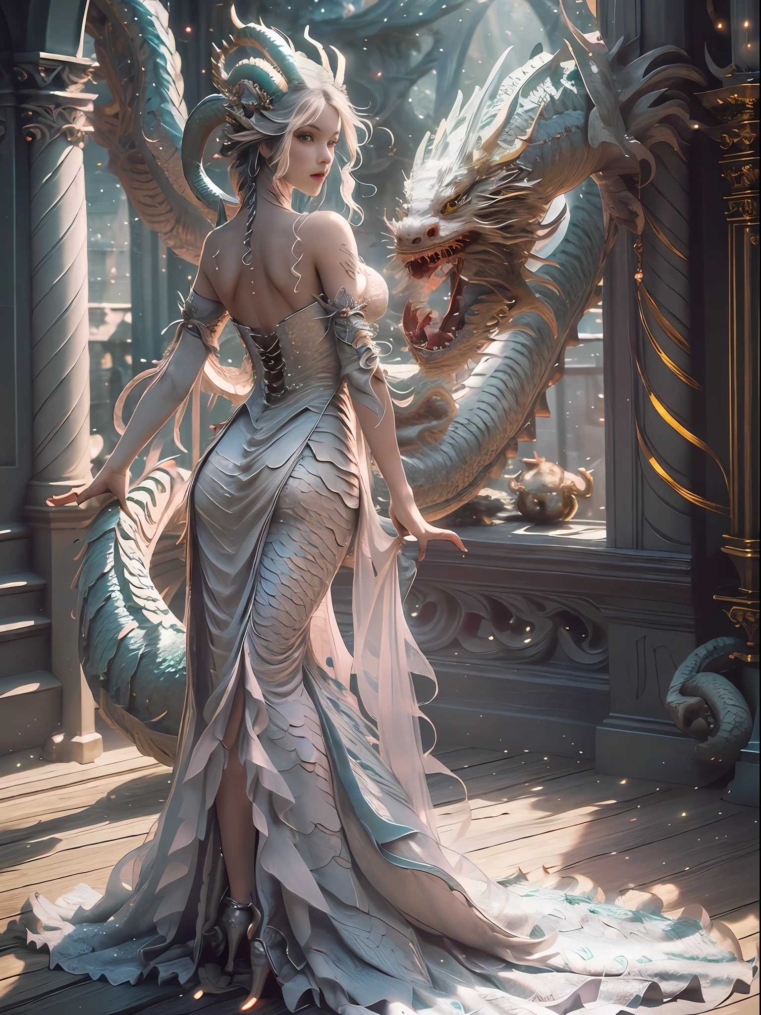 dragon_real,(extremely detailed CG unity 8k wallpaper,masterpiece, best quality, ultra-detailed, beautiful detailed eyes:1.2),best illumination, (best shadow, an extremely delicate and beautiful, bloom),the girl was surrounded by dragons, (1girl:1.4),breasts, solo,full body,Back tattoo,white dress,(color dragon:1.4),Bare leg,long dress,