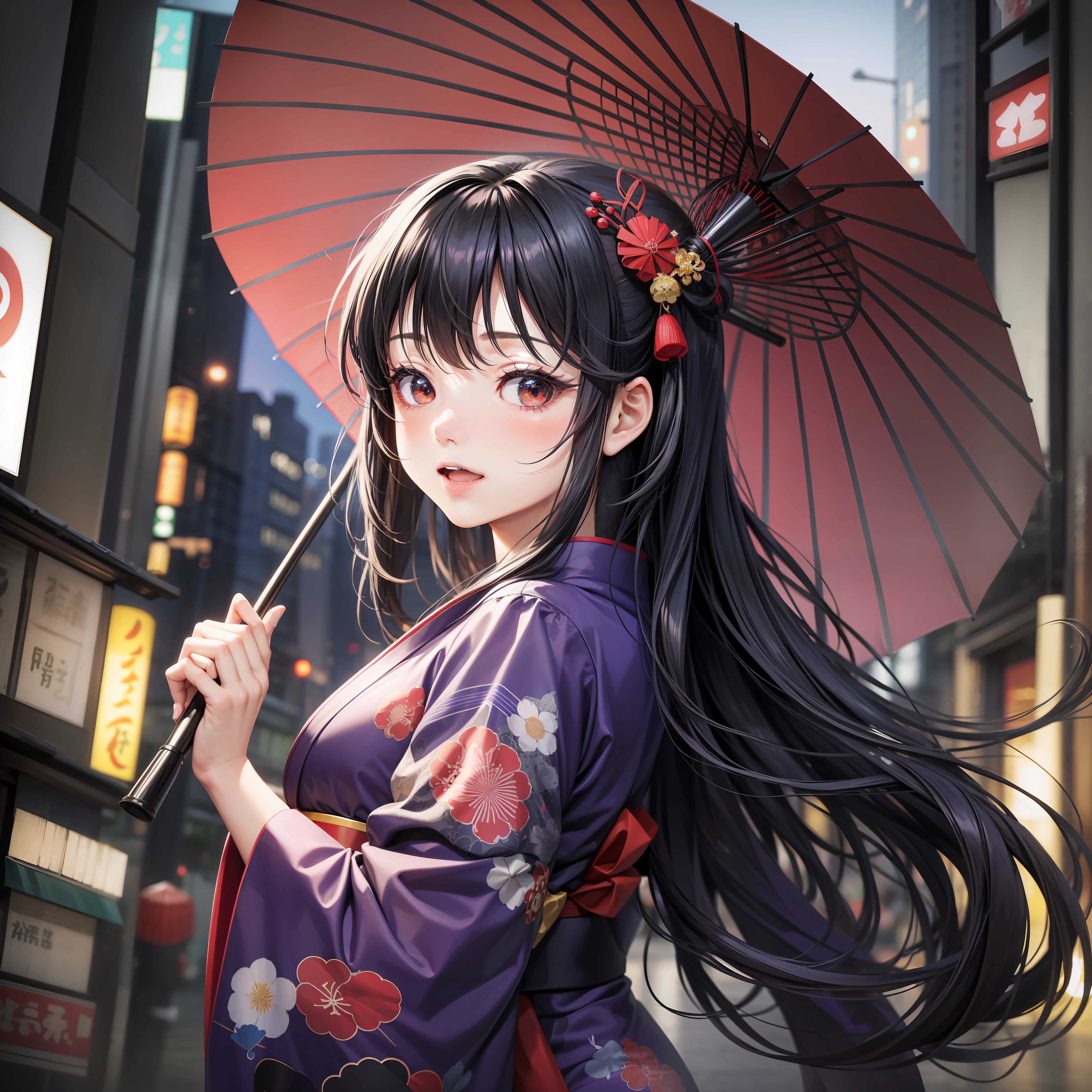 A beautiful Japanese girl dancing with the Tokyo Skytree in the background. She has long black hair, a red kimono-style dress, and holds an open purple umbrella. happily and emotionally