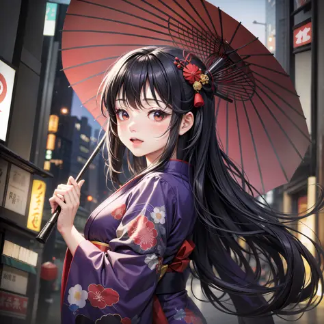 A beautiful Japanese girl dancing with the Tokyo Skytree in the background. She has long black hair, a red kimono-style dress, and holds an open purple umbrella. happily and emotionally
