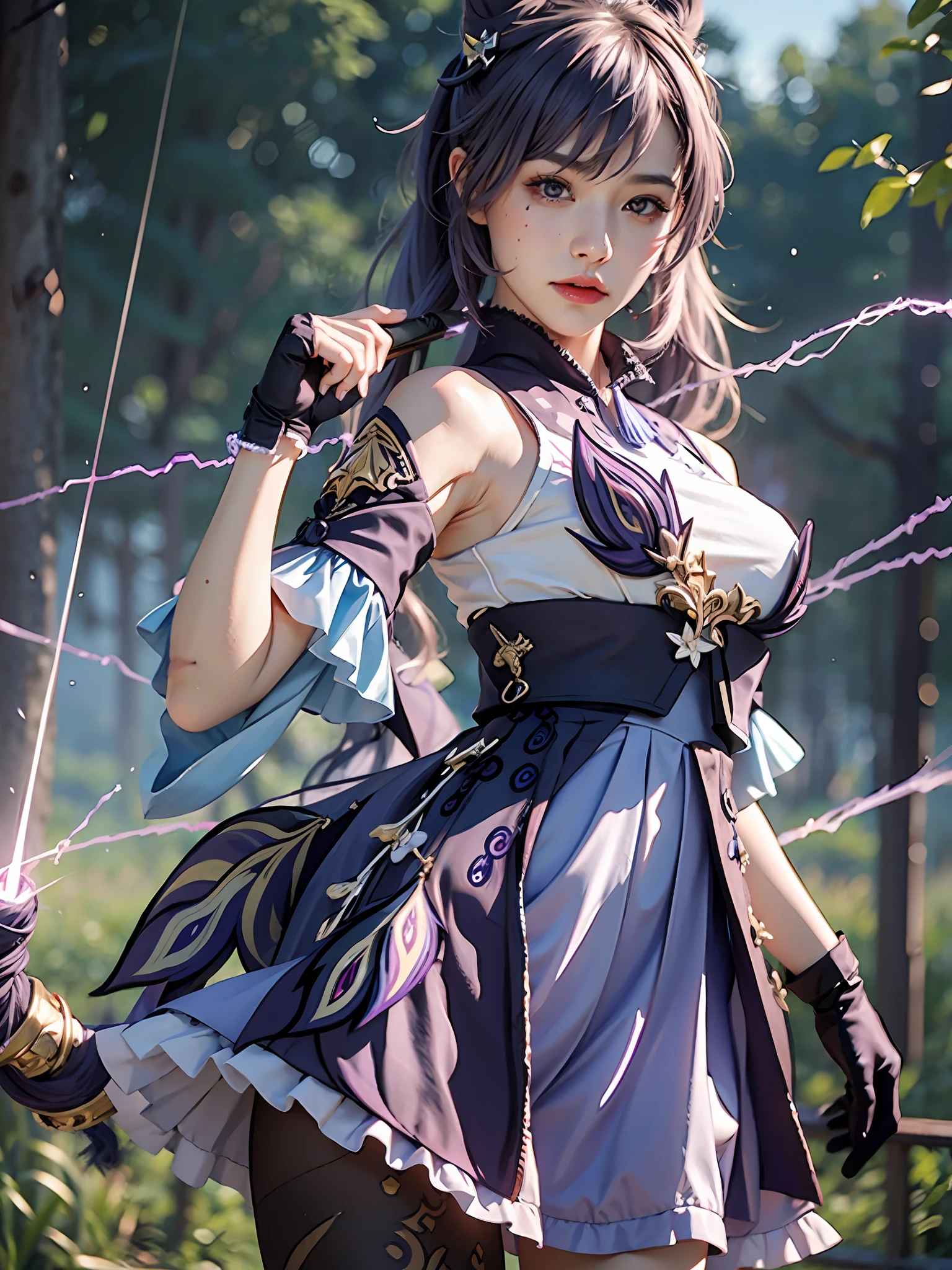 Masterpiece, best quality, detail, depth of field, ultra-realistic, realistic face and eyes, realistic skin texture, cinematic lighting, eyes to see the audience. 1 girl, solo, (frown, closed mouth), keqing_\(genshin_impact\), purple_eyes, purple hair, double tail, sharp eyes, serious face, gloves, black stockings, outdoor, purple lightning, fileg, lightning glowing sword, purple lightning, upper body