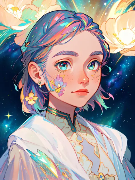 hd, (best detail) (best quality), detailed facial features, galaxy, glitter, particle, wind, flowers, hair decoration, multicolo...