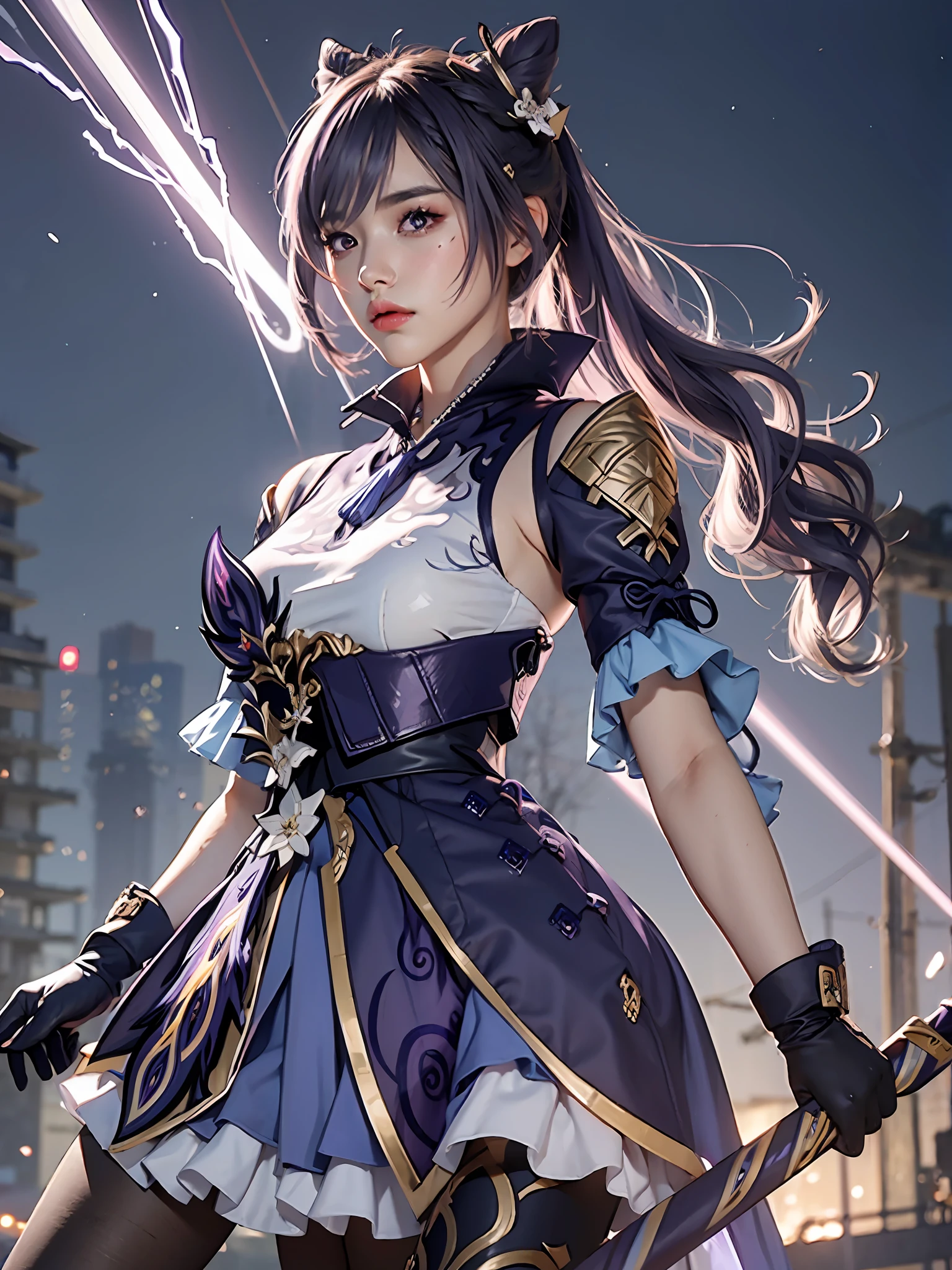 Masterpiece, best quality, detail, depth of field, ultra-realistic, realistic face and eyes, realistic skin texture, cinematic lighting, eyes to see the audience. 1 girl, solo, (frown, closed mouth), keqing_\(genshin_impact\), purple_eyes, purple hair, double tail, sharp eyes, serious face, gloves, black stockings, outdoor, purple lightning, fileg, lightning glowing sword, purple lightning, upper body