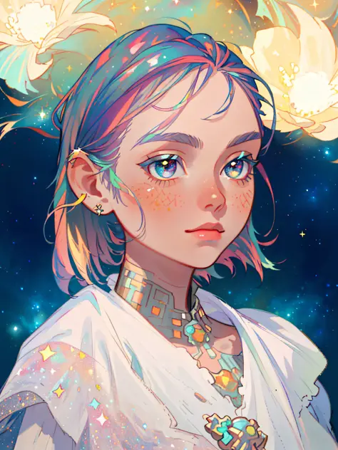 hd, (best detail) (best quality), detailed facial features, galaxy, glitter, particle, wind, flowers, hair decoration, multicolo...